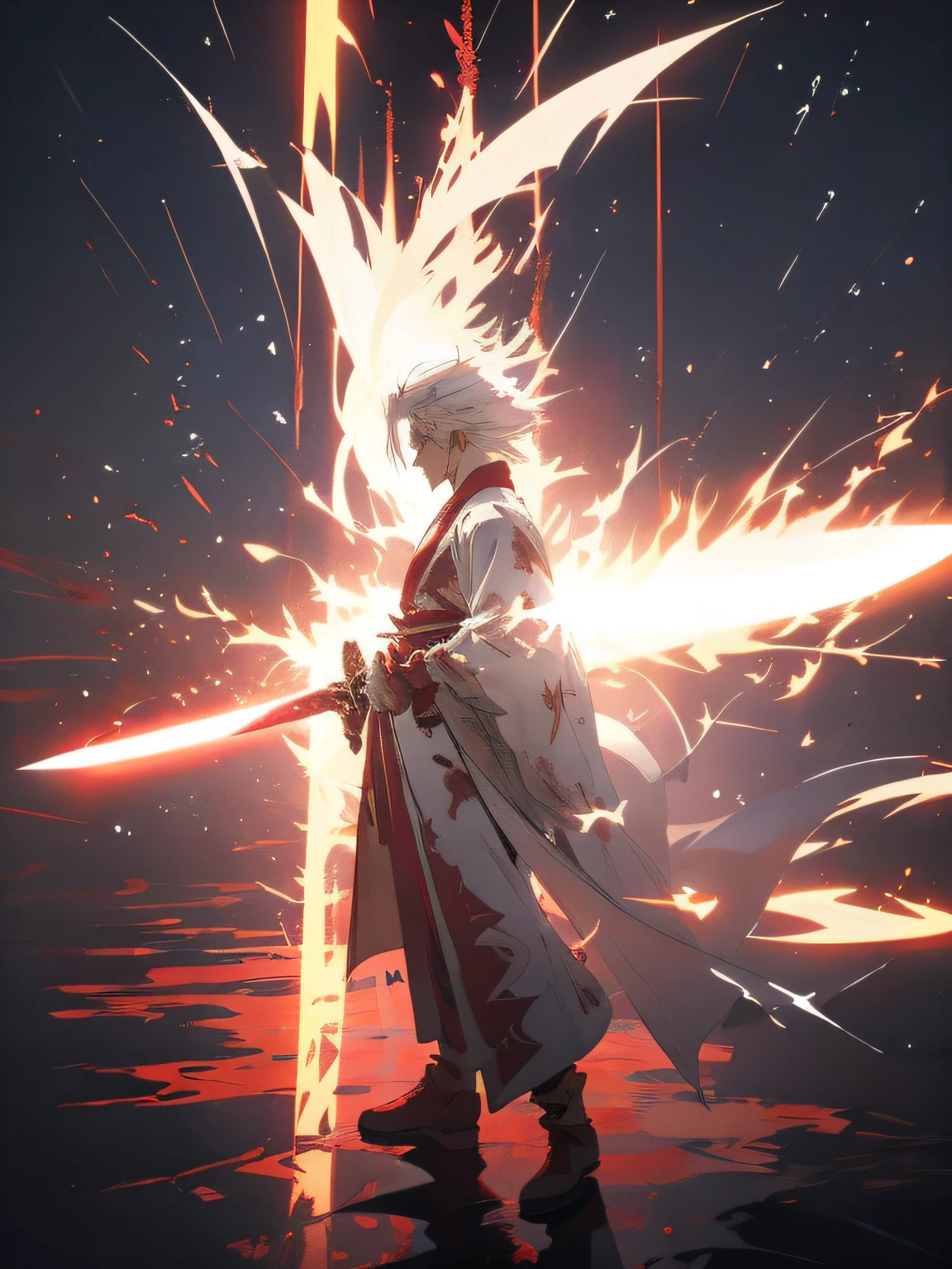 A white-haired swordsman, wearing a red robe, in the desert, suspended in the air, Holding a long sword into the ground, the character is so small, Unlimited Blade Works. Tyndall effect, glow special effects, in the style of anime art, romantic graffiti, gongbi, realistic pop, 8k