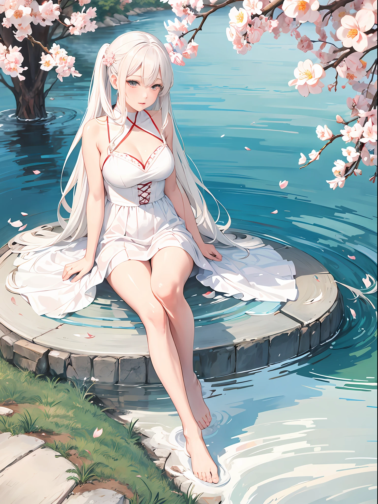 An anime girl ,s the perfect face,White hair,Sit on a tree,Image of woman style in white dress, The barefoot,Slim legs,white stockings,Hold a fan in your hand,Peach blossoms bloom in the surrounding area,petals floating in the wind,peach blossom、Pool as background