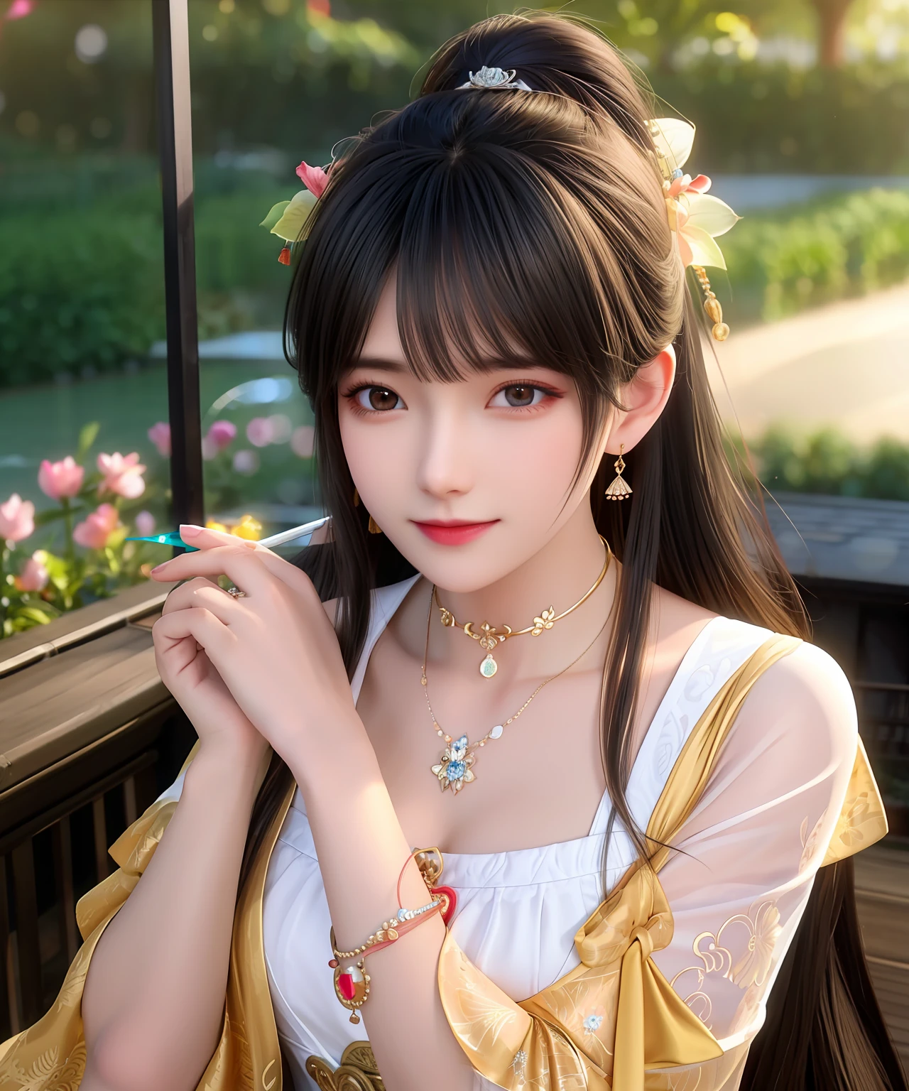 best qualtiy，tmasterpiece，A high resolution，1girl，Tang suit，hair adornments，choker necklace，jewely，beautiful  face，Physically，dingdall effect，realisticlying，chinese classic garden，edge lit，twotonelighting，（highdetailskin：1.2），8k uhd， dslr, softlighting, high high quality, volumettic light, sneak shot, photore, A high resolution, 4k, 8k, Background bokeh,
