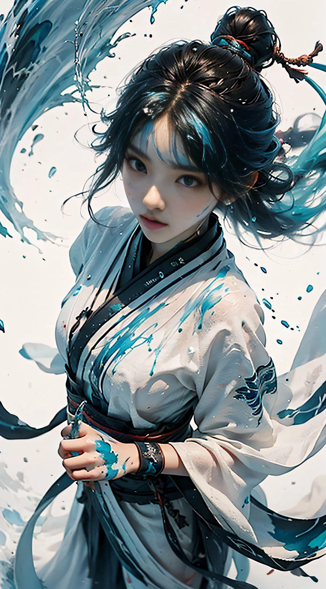 (from above: 1.2), sharp focus, volumetric fog, 8k UHD, DSLR, high quality, (film grain: 1.4), white skin, white background, acrylic paint, ((color splash, splash ink, color splash)), sweet chinese girl,