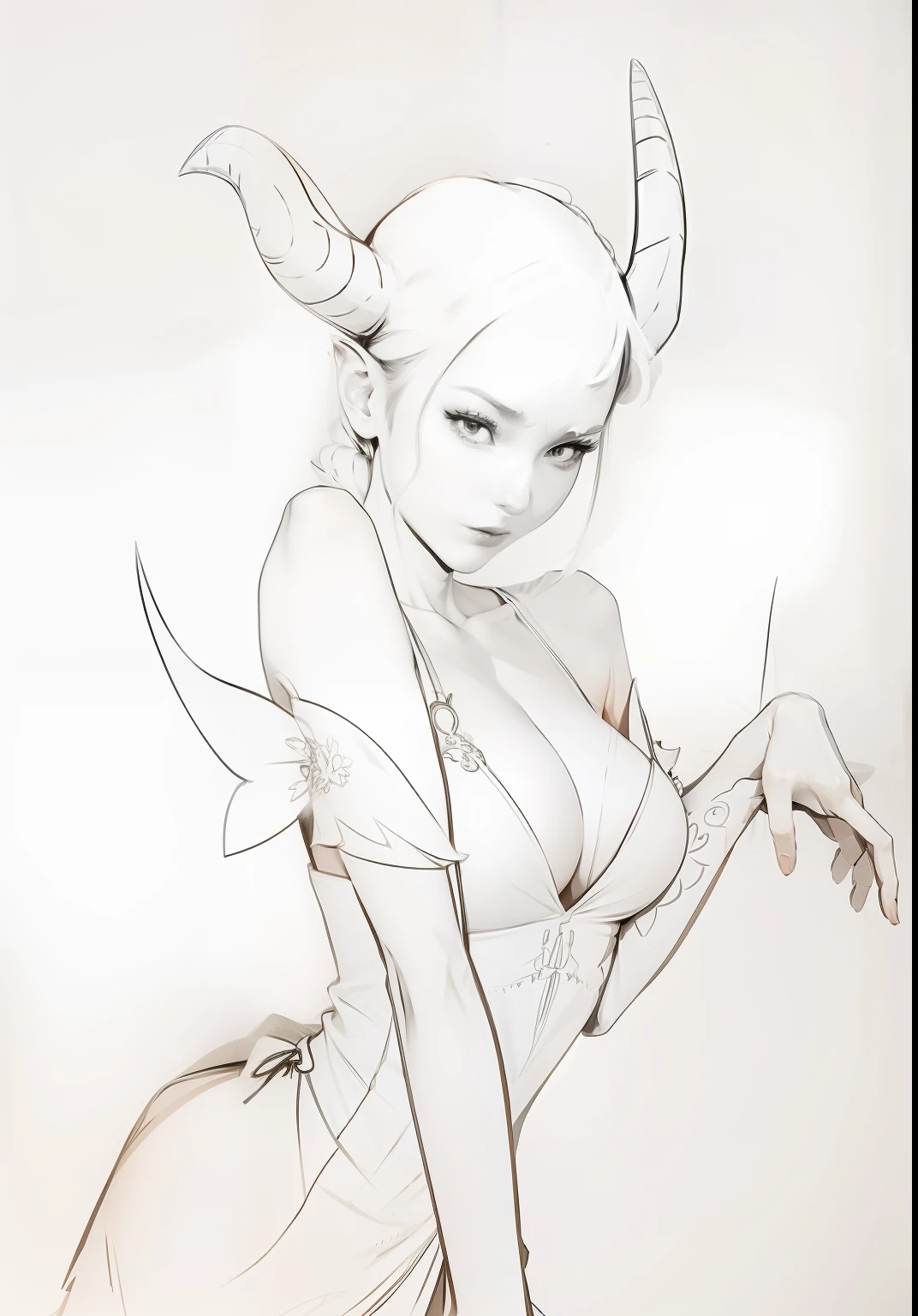 Wearing a dress，Woman with horns，Strong line art，Simple and clean，Unique style，Detailed rough，Attractive pose，intimidating pose。"