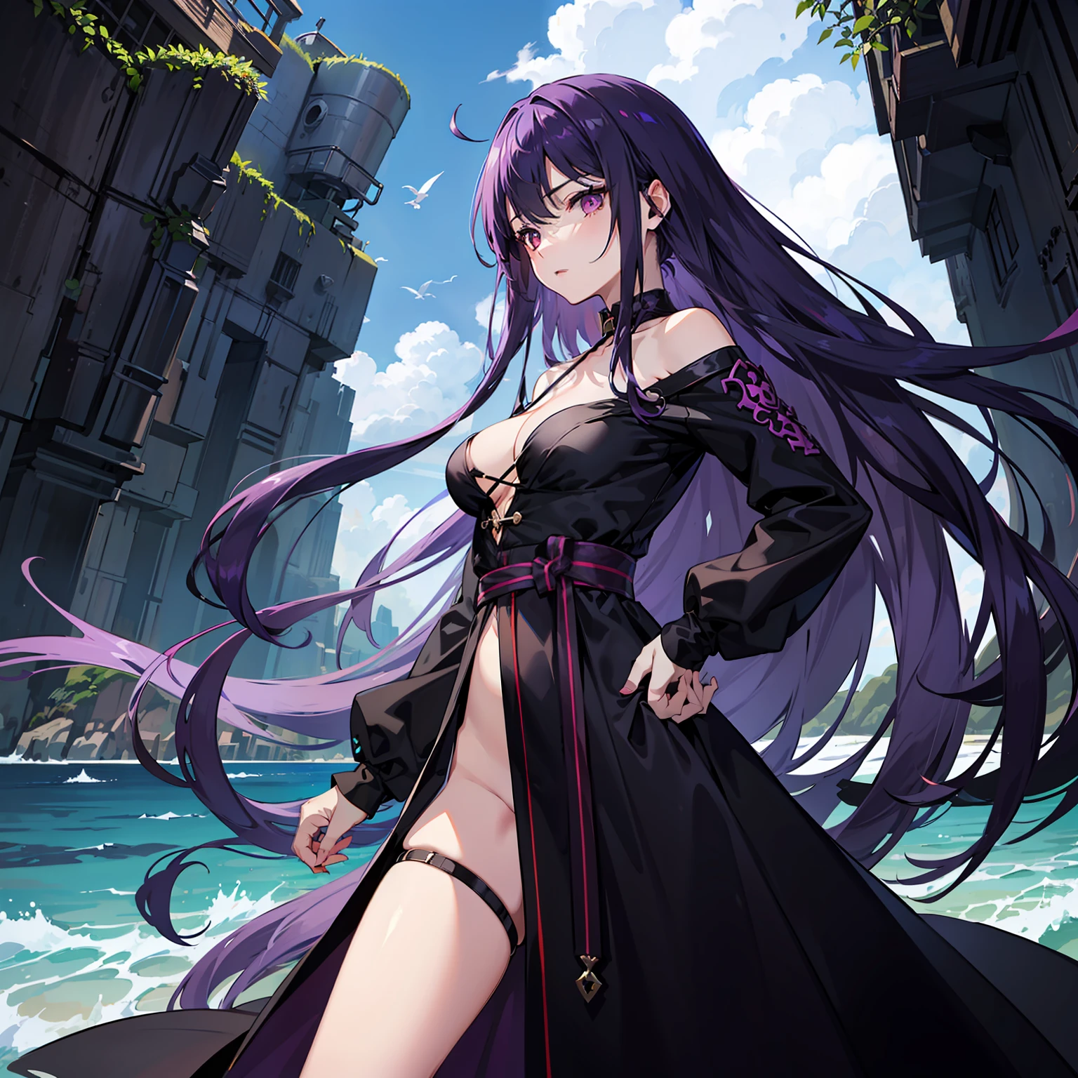 Purple hair、Red Eyes、Colossal tits、cute little、Long hair that goes down to the waist、top-quality、Jet black dress with open chest、the ocean at night、Condescending gaze、1a person、Fluttering long hair、Ruthless eyes、Put your right hand on your hip、Nasty atmosphere、Dresses that show the lines of the body、