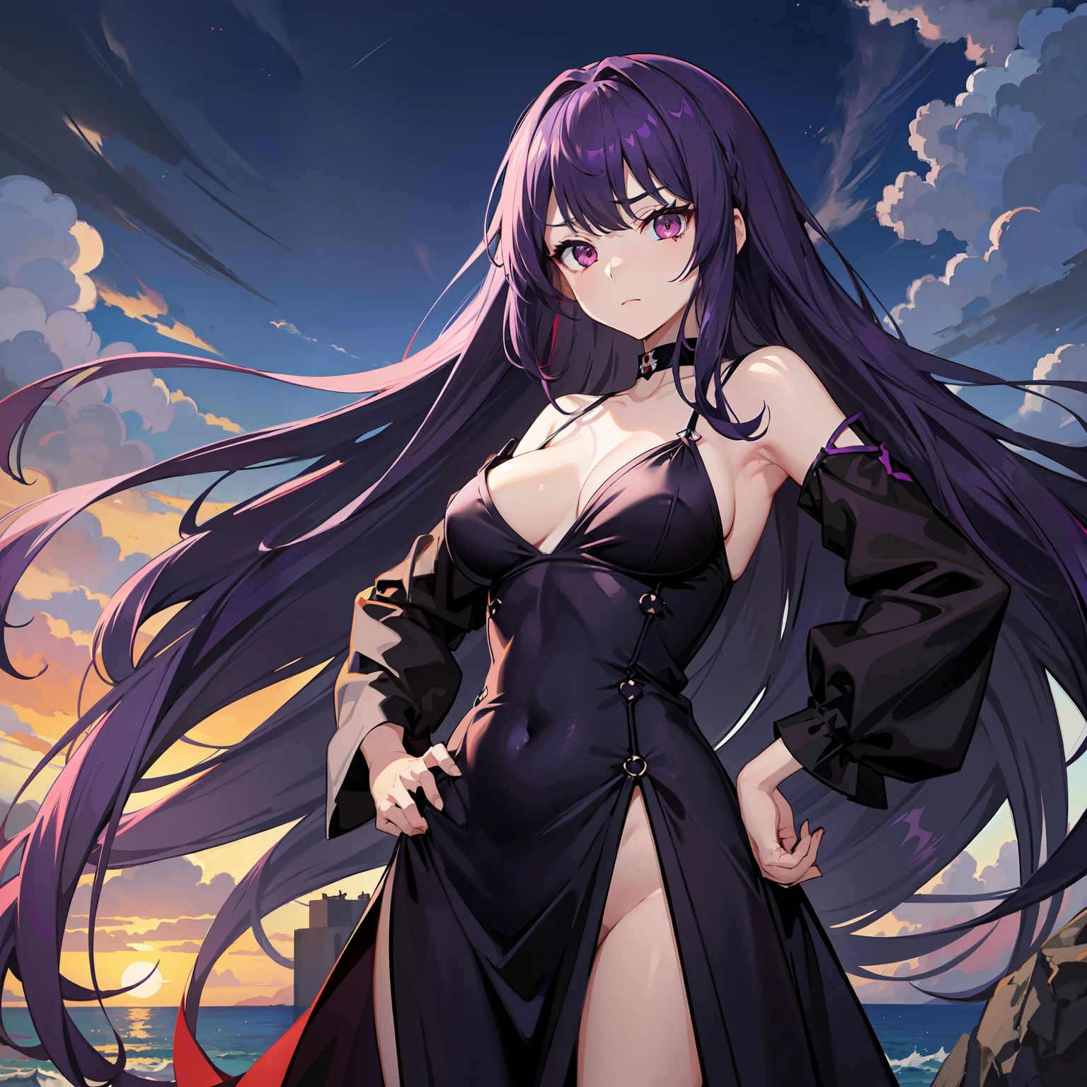 Purple hair、Red Eyes、Colossal tits、cute little、Long hair that goes down to the waist、top-quality、Jet black dress with open chest、the ocean at night、Condescending gaze、１a person、Fluttering long hair、Ruthless eyes、Put your right hand on your hip、Nasty atmosphere、Dresses that show the lines of the body、