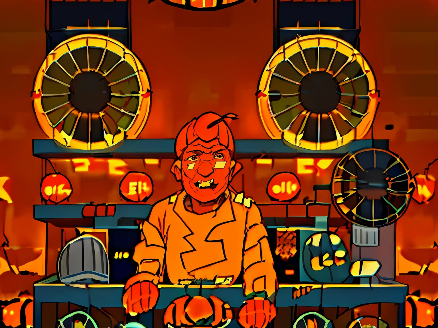 Best quality, 4k, an old guy, (many electric fans in background:2), (clear outline:2), in a small shop, (a guy in a counter:2), selling lights and cigarettes, smoking guy, worn out clothes, off licence shop, (internal:2), (orange color theme:2), vicious face, glaring,