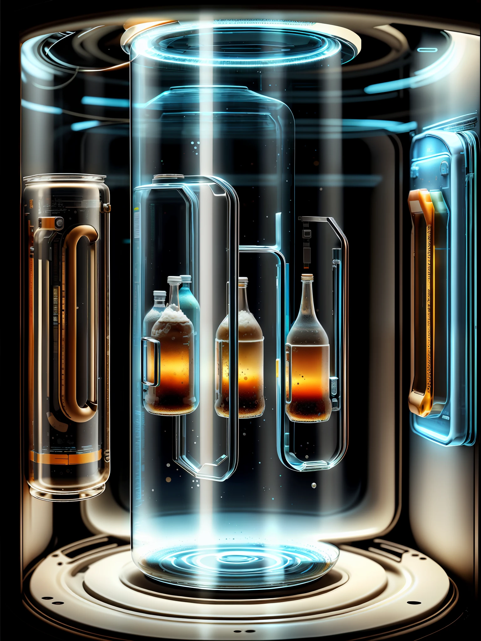 Glass technology,sci-fy,cleanness,The transparent single-door refrigerator is stocked with a wide variety of beers,detailedbackground