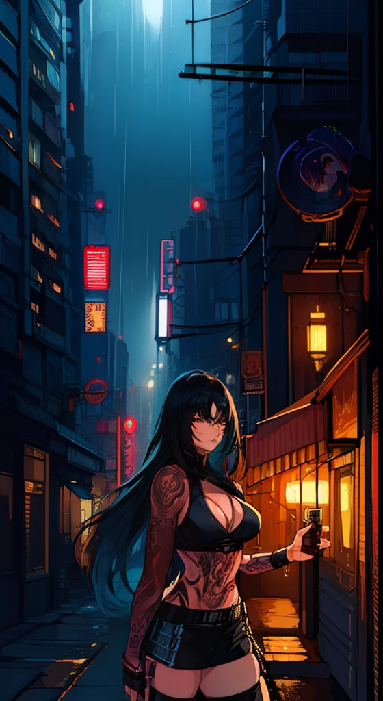 (masterpiece:1.5) (bestquality) (highlydetailed) (ultra-detailed) dark, intense shadows, in the rain, in a cyberpunk city, (warrior), (tattooed), male, female