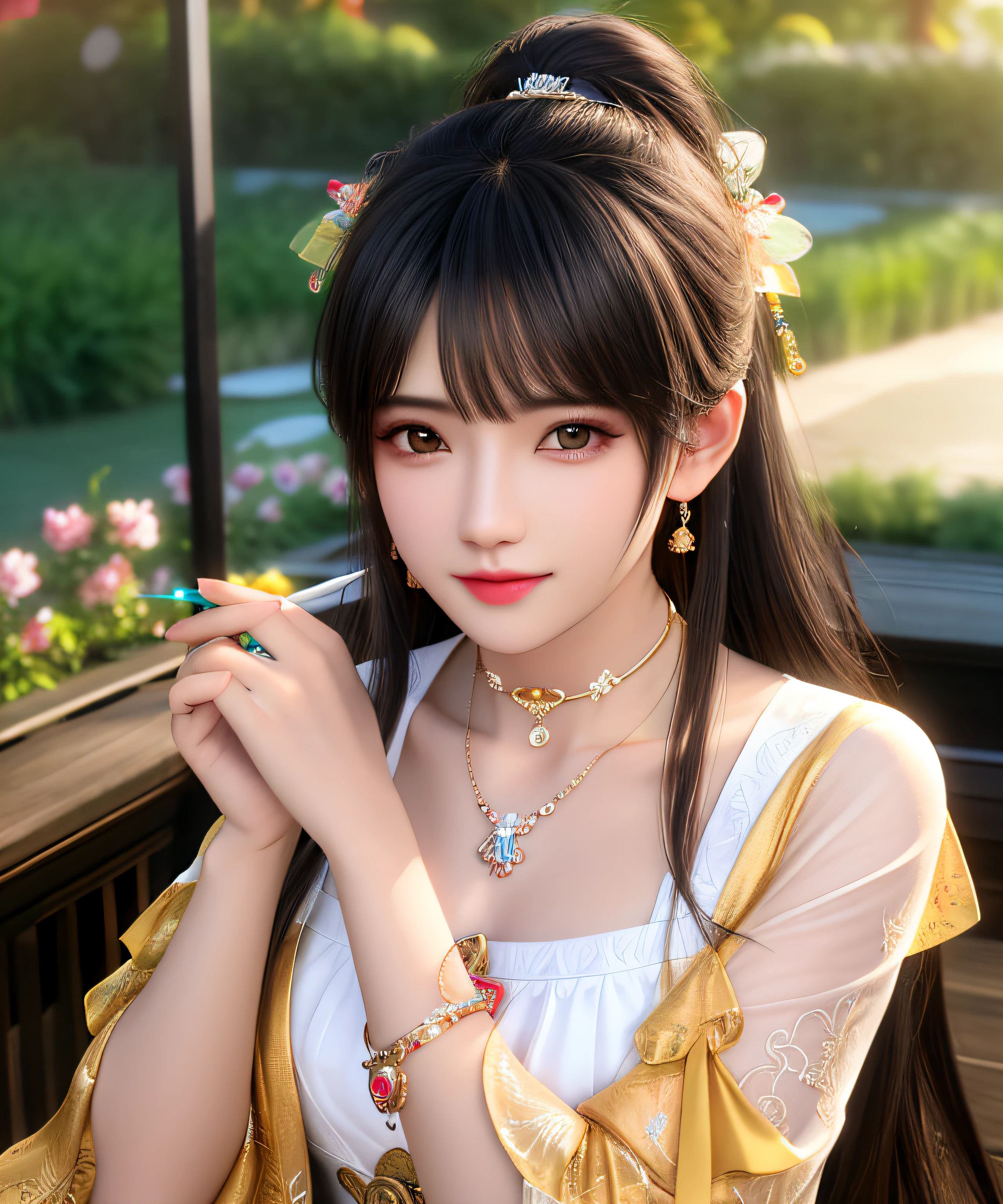 best qualtiy，tmasterpiece，A high resolution，1girl，Tang suit，hair adornments，choker necklace，jewely，beautiful  face，Physically，dingdall effect，realisticlying，chinese classic garden，edge lit，twotonelighting，（highdetailskin：1.2），8k uhd， dslr, softlighting, high high quality, volumettic light, sneak shot, photore, A high resolution, 4k, 8k, Background bokeh,