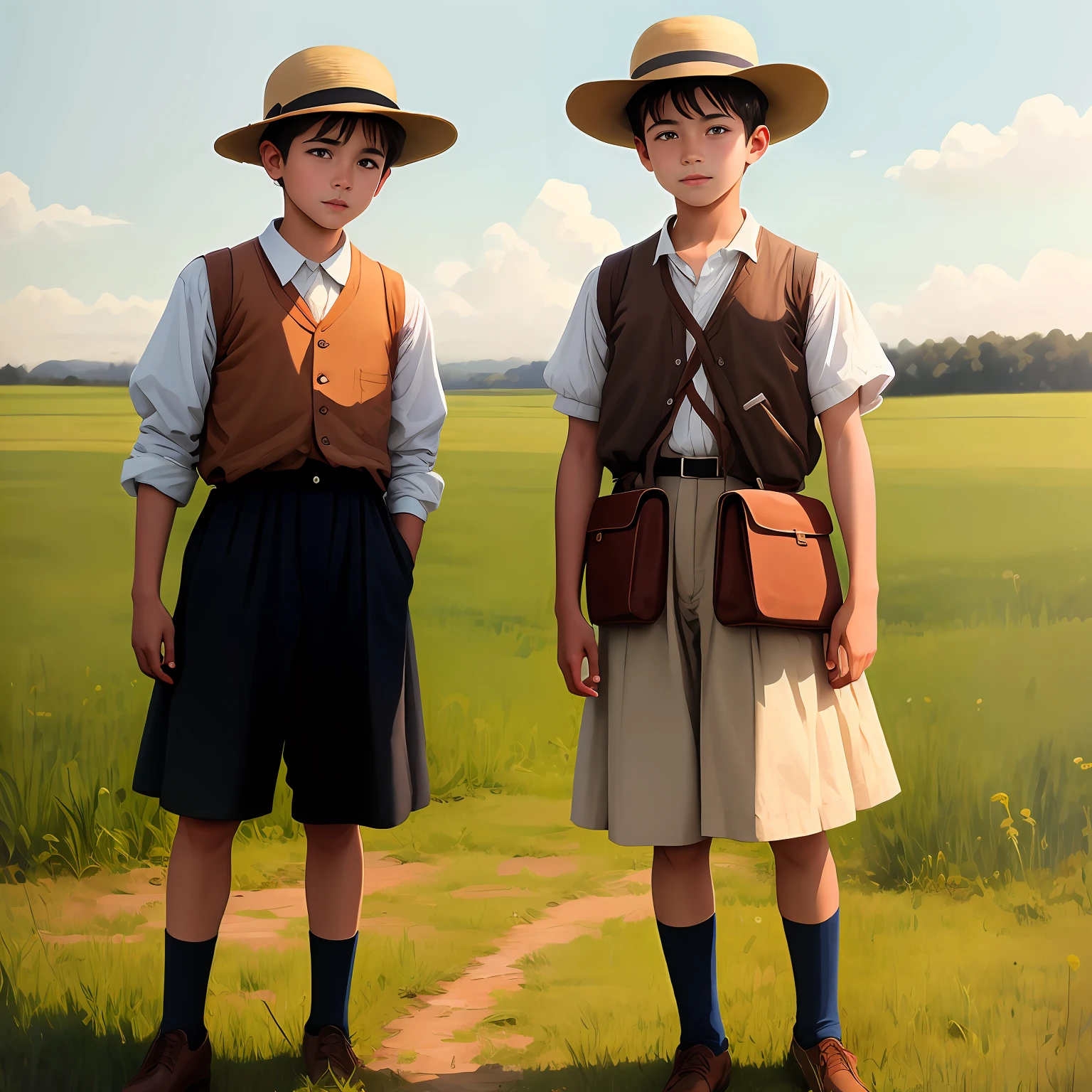 foto antiga，A boy wears a hat in the field,  old color photo, around 1 9 , old picture, standing in a field,  childhood friend,