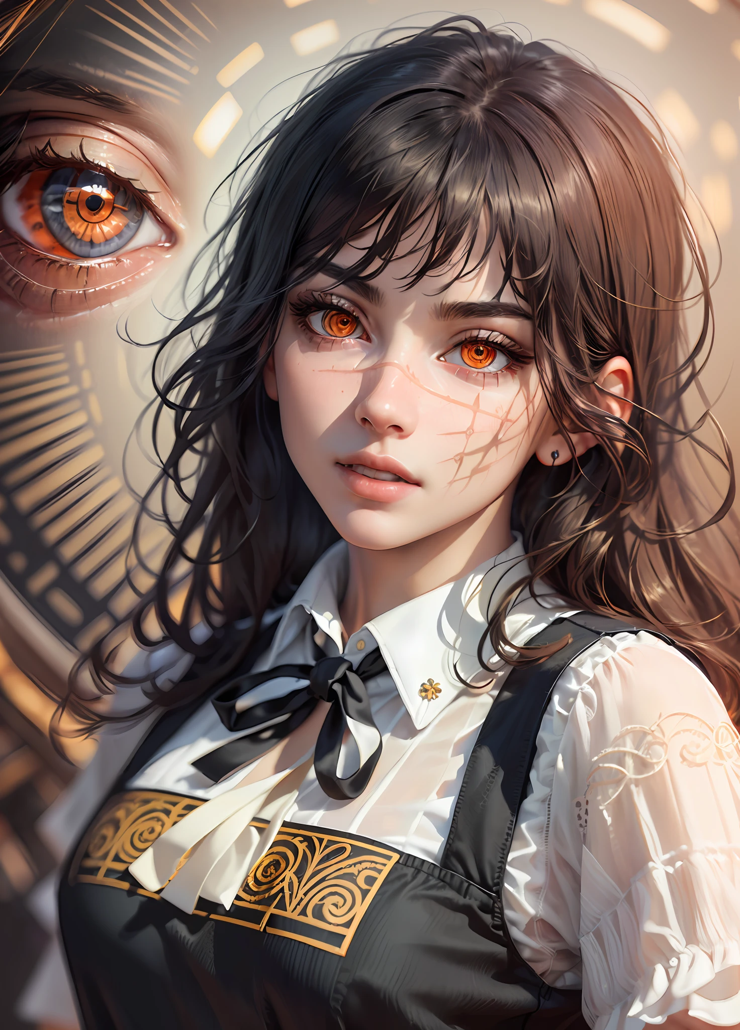 ultra realistic 8k cg, masterpiece, ((ultra detailed background, delicate pattern, intricate detail)), (highly detailed, fine details,), (beautiful detailed face and eyes and hair:1.1) ,1girl, hand in own hair, red eyes, school uniform, pinafore dress, shirt, neck ribbon, orange eyes (ringed eyes)