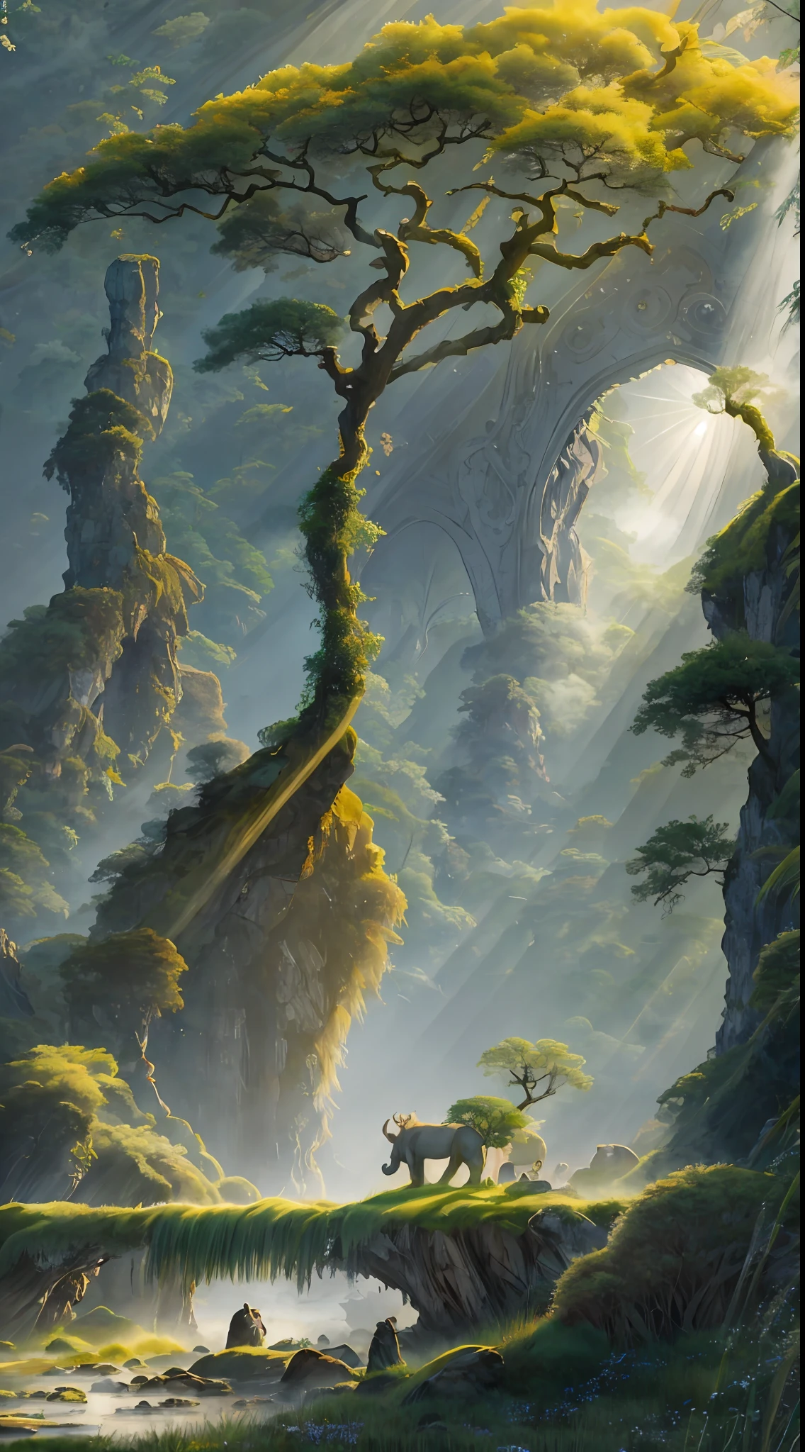 Mist and smoke in diffusive brilliance, Flashing lights from the sun and moon, A thousand stalks of old cypress, Draped in rain half fill the air with tender green. Ten thousand stems of tall bamboo, Held in smoke will paint the glen chartreuse. Strange flowers spread. Jadelike grass emits fragrance beside the bridge.On ridges protruding grow moist green lichens, On hanging cliffs cling the long blue mosses. The cries of immortal cranes are often heard, Once in a while a phoenix soars overhead. When the cranes cry, Their sounds reach tough the marsh to the distant sky. When the phoenix soars up, Its plume with five bright colors embroiders the clouds.Black apes and white deer may come or hide, Gold lions and jade elephants may leave or bide.Look with care at this blessed, holy place, It has the true semblance of Paradise. masterpiece,Best quality, Ultra-detailed, Best shadow,8K,offcial art