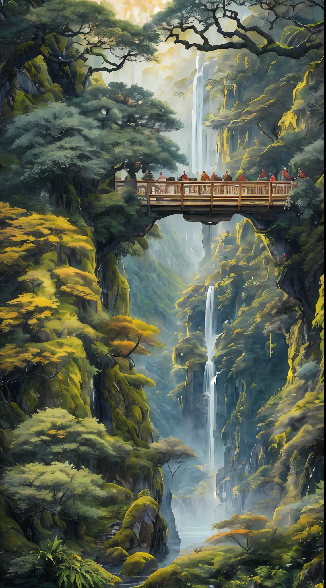 Mist and smoke in diffusive brilliance, Flashing lights from the sun and moon, A thousand stalks of old cypress, Draped in rain half fill the air with tender green. Ten thousand stems of tall bamboo, Held in smoke will paint the glen chartreuse. Strange flowers spread. Jadelike grass emits fragrance beside the bridge.On ridges protruding grow moist green lichens, On hanging cliffs cling the long blue mosses. The cries of immortal cranes are often heard, Once in a while a phoenix soars overhead. When the cranes cry, Their sounds reach tough the marsh to the distant sky. When the phoenix soars up, Its plume with five bright colors embroiders the clouds.Black apes and white deer may come or hide, Gold lions and jade elephants may leave or bide.Look with care at this blessed, holy place, It has the true semblance of Paradise. masterpiece,Best quality, Ultra-detailed, Best shadow,8K,offcial art