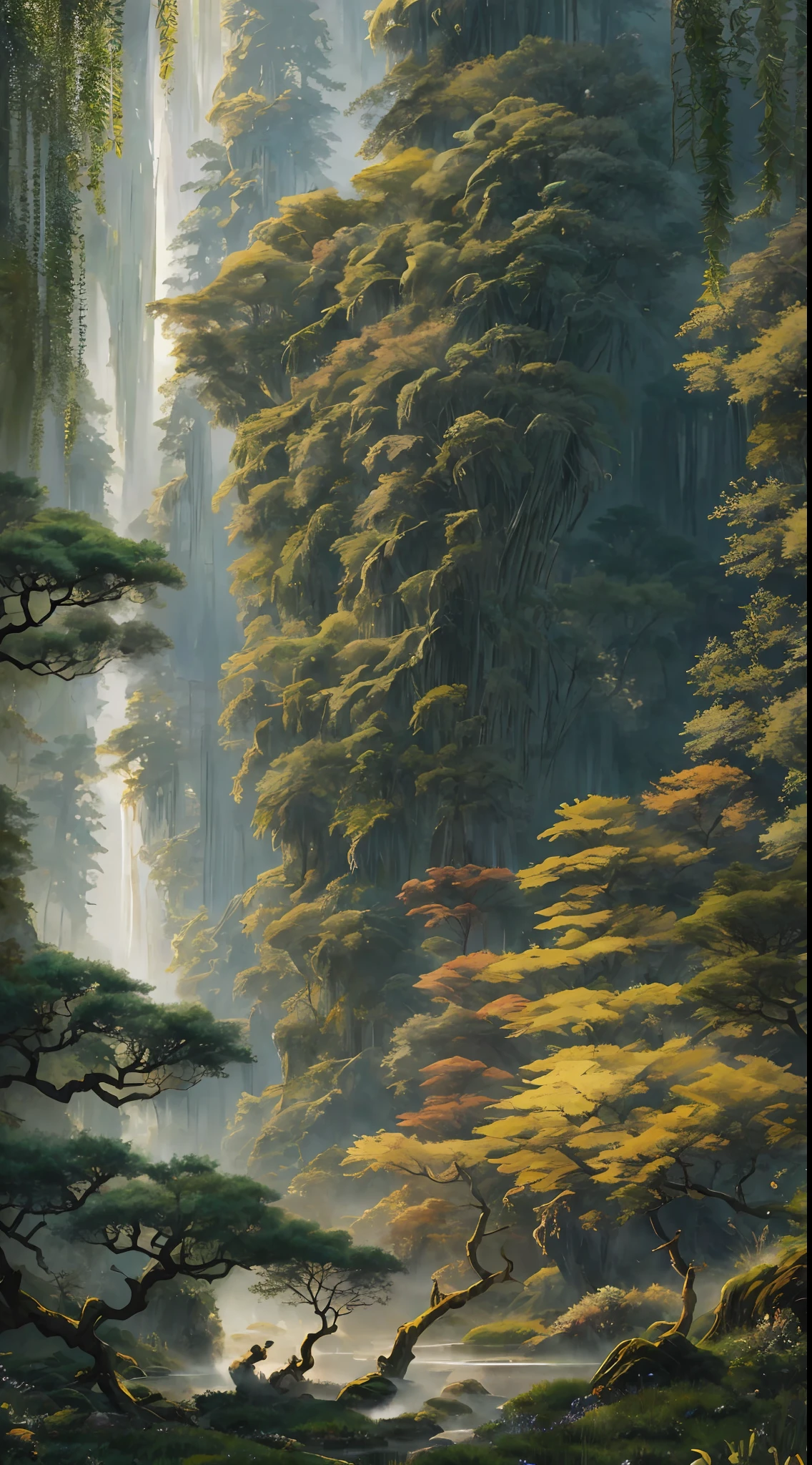 Mist and smoke in diffusive brilliance, Flashing lights from the sun and moon, A thousand stalks of old cypress, Draped in rain half fill the air with tender green. Ten thousand stems of tall bamboo, Held in smoke will paint the glen chartreuse. Strange flowers spread. Jadelike grass emits fragrance beside the bridge.On ridges protruding grow moist green lichens, On hanging cliffs cling the long blue mosses. The cries of immortal cranes are often heard, Once in a while a phoenix soars overhead. When the cranes cry, Their sounds reach tough the marsh to the distant sky. When the phoenix soars up, Its plume with five bright colors embroiders the clouds.Black apes and white deer may come or hide, Gold lions and jade elephants may leave or bide.Look with care at this blessed, holy place, It has the true semblance of Paradise. masterpiece,Best quality, Ultra-detailed, Best shadow,8K,offcial art