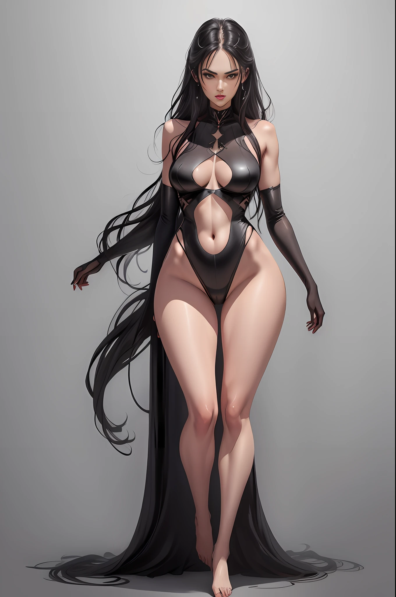 Illustration art,Whole body movement,Sexy woman in black,Soprano Woman,Very cool facial expression,Gorgeous background,Great erotic art,painting art,Sexy art,Detailed body part details,long leges,Inspired by J.c.Ryan Decker,Epic European and American illustrations,Tall,The whole body is evenly sexy