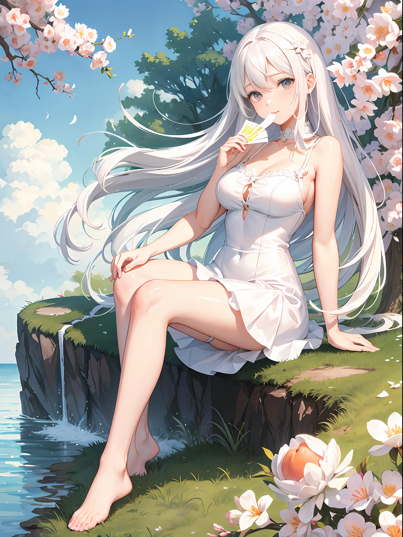 An anime girl ，s the perfect face，White hair，Sit on a tree，Image of woman style in white dress, The barefoot，Slim legs，white stockings，Hold a fan in your hand，Peach blossoms bloom in the surrounding area，petals floating in the wind，peach blossom、Pool as background