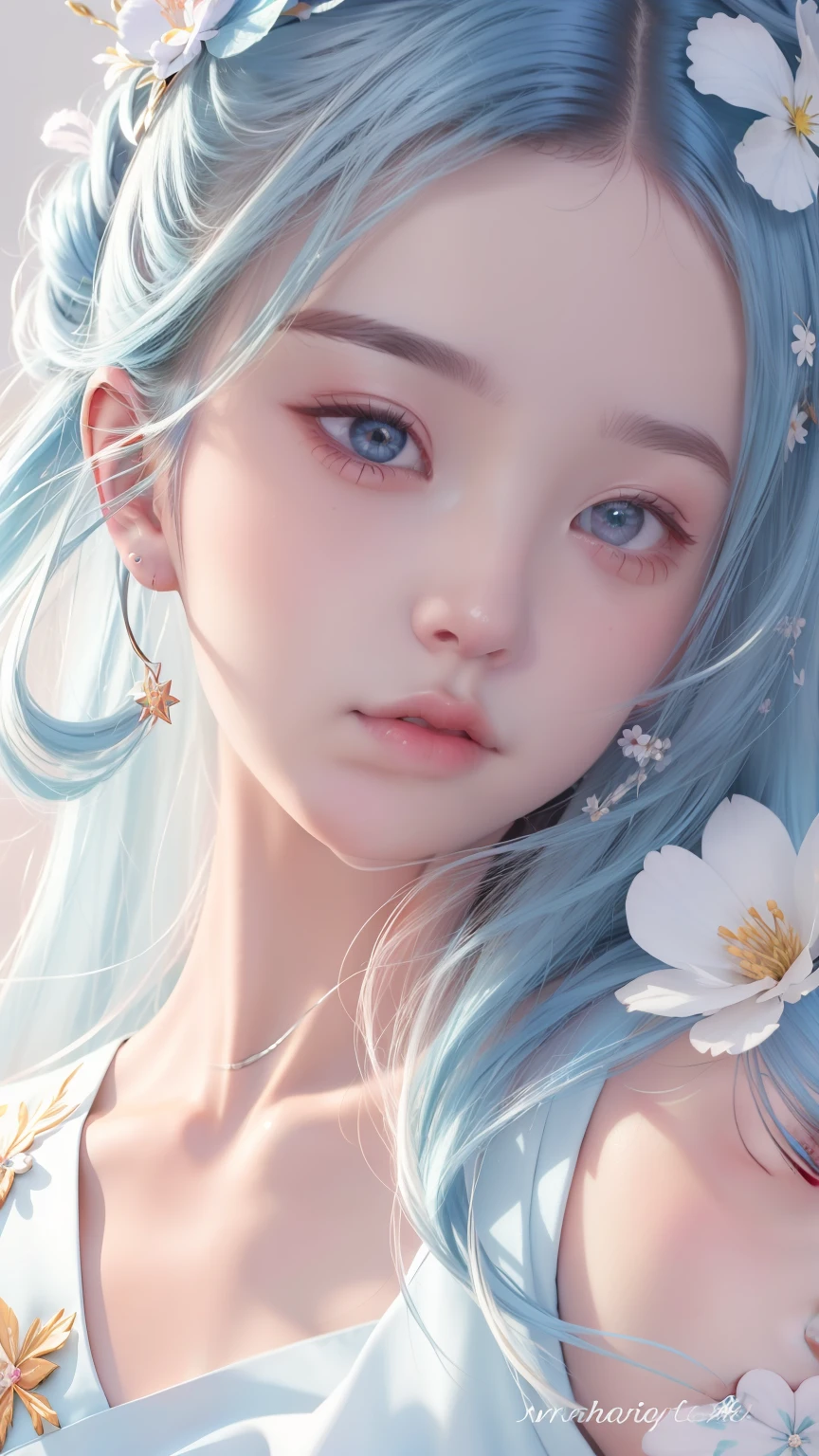 Close up of a girl with blue hair and flowers in her hair, Beautiful anime girl, Beautiful anime face, a beautiful anime portrait, Stunning anime face portrait, Beautiful anime woman, pretty anime girl, Beautiful anime, Beautiful anime style, Cute natural anime face, Realistic young anime girl, detailed portrait of an anime girl, cute delicate face, pretty anime face, Girl with white hair,,16k,Delicate and shiny face,ultraclear