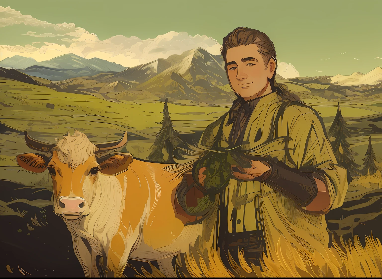 a drawing,A man and a cow in the field, full page illustration, Turn the diagram to color,Painted in Mucha's style, snow mountains,grass field,The man holds green grass in his hand,Wear a shirt,The cow is a yellow-fat cattle