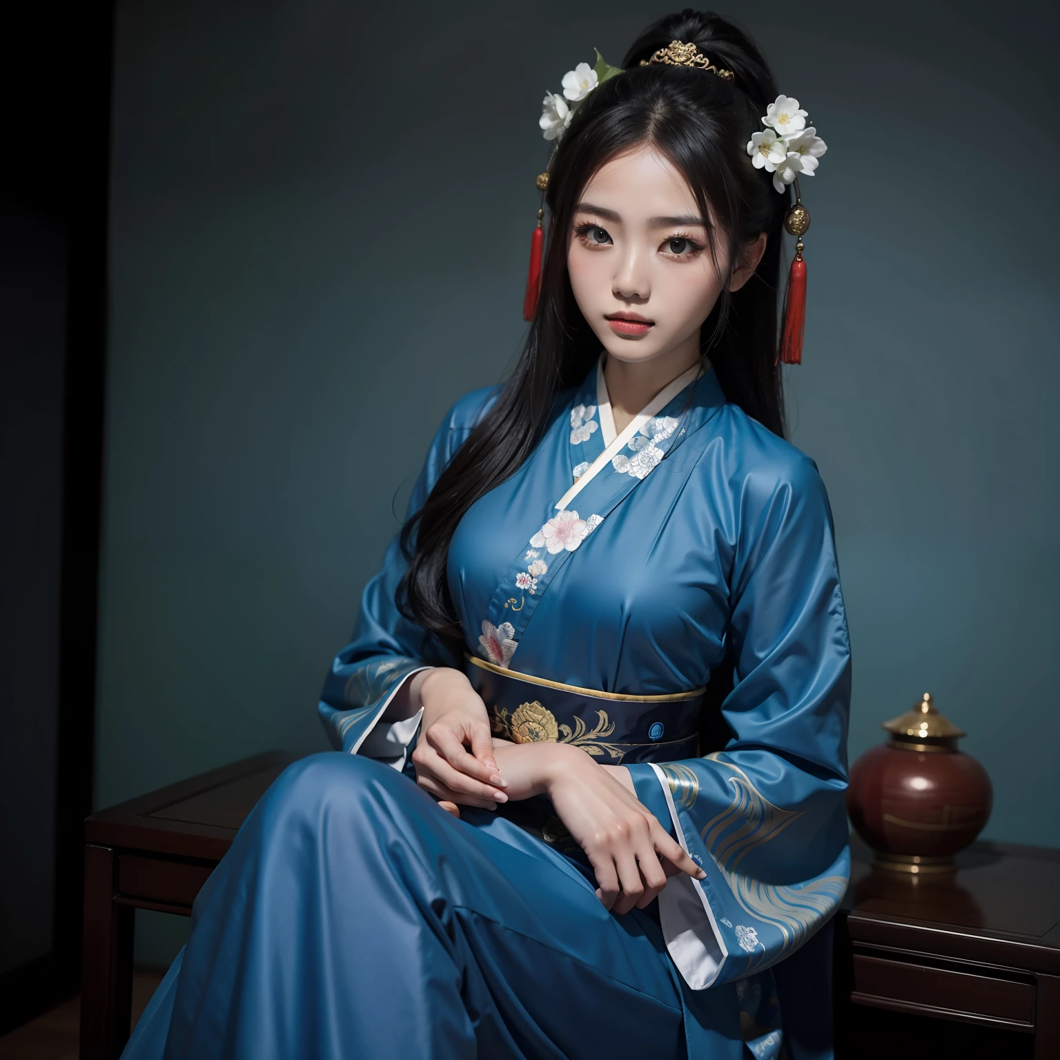 Chinese style beauty,Wearing azure Hanfu,solid color backdrop,studiolight