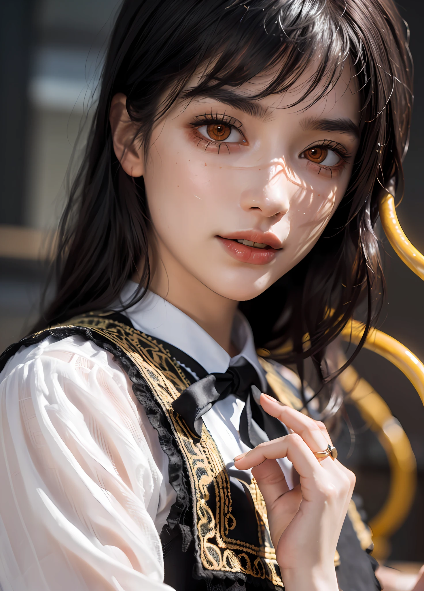 ultra realistic 8k cg, masterpiece, ((ultra detailed background, delicate pattern, intricate detail)), (highly detailed, fine details,), (beautiful detailed face and eyes and hair:1.1) ,1girl, hand in own hair, red eyes, school uniform, pinafore dress, shirt, neck ribbon, orange eyes (ringed eyes)