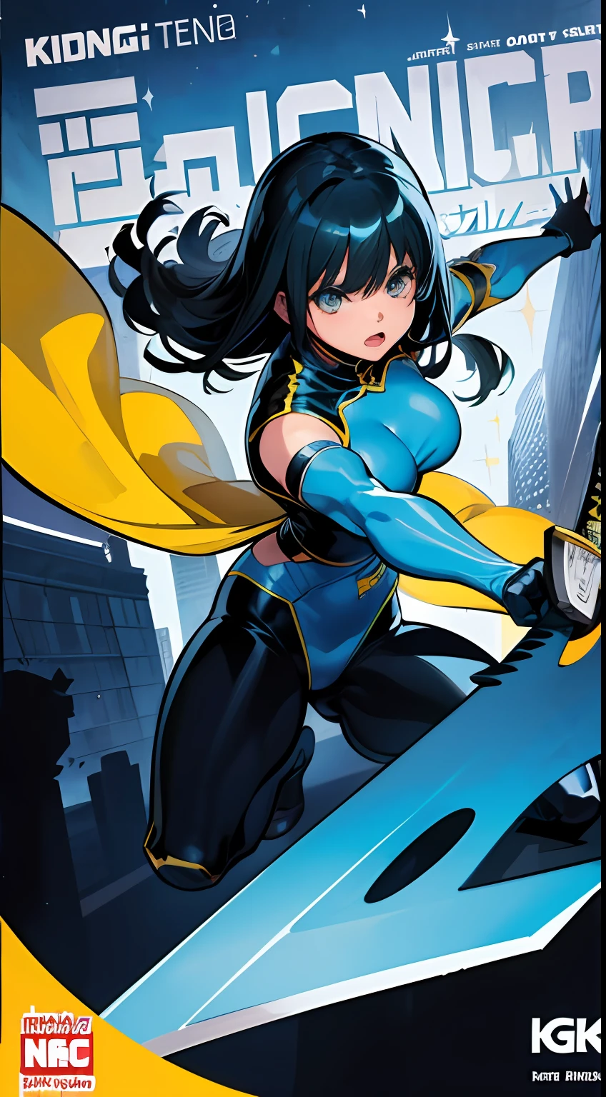 [(Comic book cover), (Big, thick typography)], (Rough illustration), [The screen composition is comic-style, the entire screen is printed, Paper Textured Screen, Ink Textures], [(1960s-style cartoon heroine), (Blue and yellow and black tight fit suit), (Katana and)], (The silver sword blade sparkles), [dynamicposes, (leaping from a building、Slash the entire screen with a sword!!!!!)], [City background with big moon and buildings], Thick contour lines, Gradients are represented by dot screens, Shadows are represented by a large dot screen, Red×Blue× Yellow×Black, ((Perfect Anatomy))