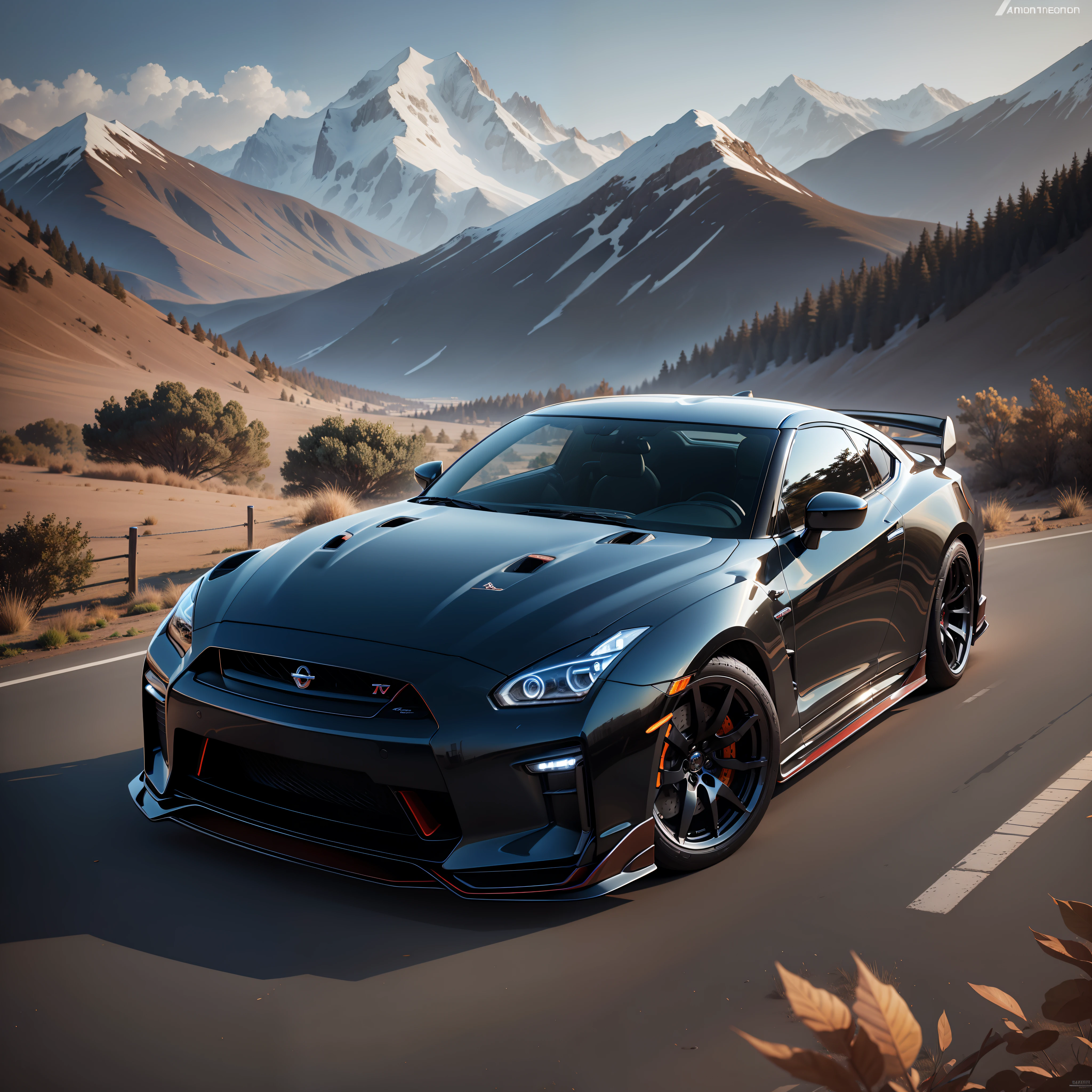 "Beautiful mountain landscape with a stunning Nissan GTR customized with a shiny body kit, intricately detailed and lifelike."