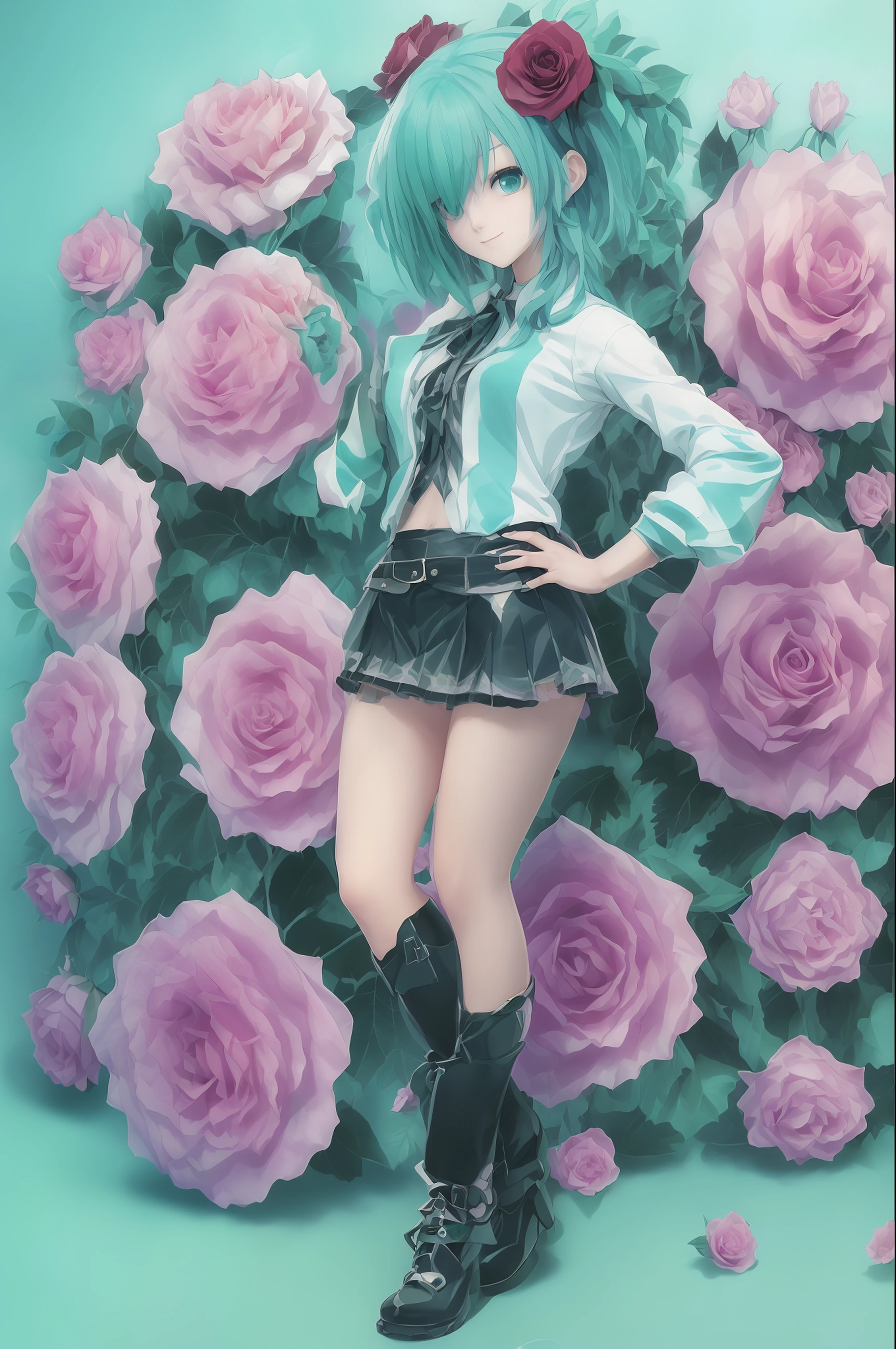 Photographic art of beautiful women, Sony α7, 35mm Lens, f1.8、((Konmutsuki_gacha_series1, punk_rosette))), cute girl, aqua color flowers, (full body), elegant flowers background, realistic photo, beautiful woman, Beautiful girl, beautiful background, charming girls, realistic 3d style, photo realistic render