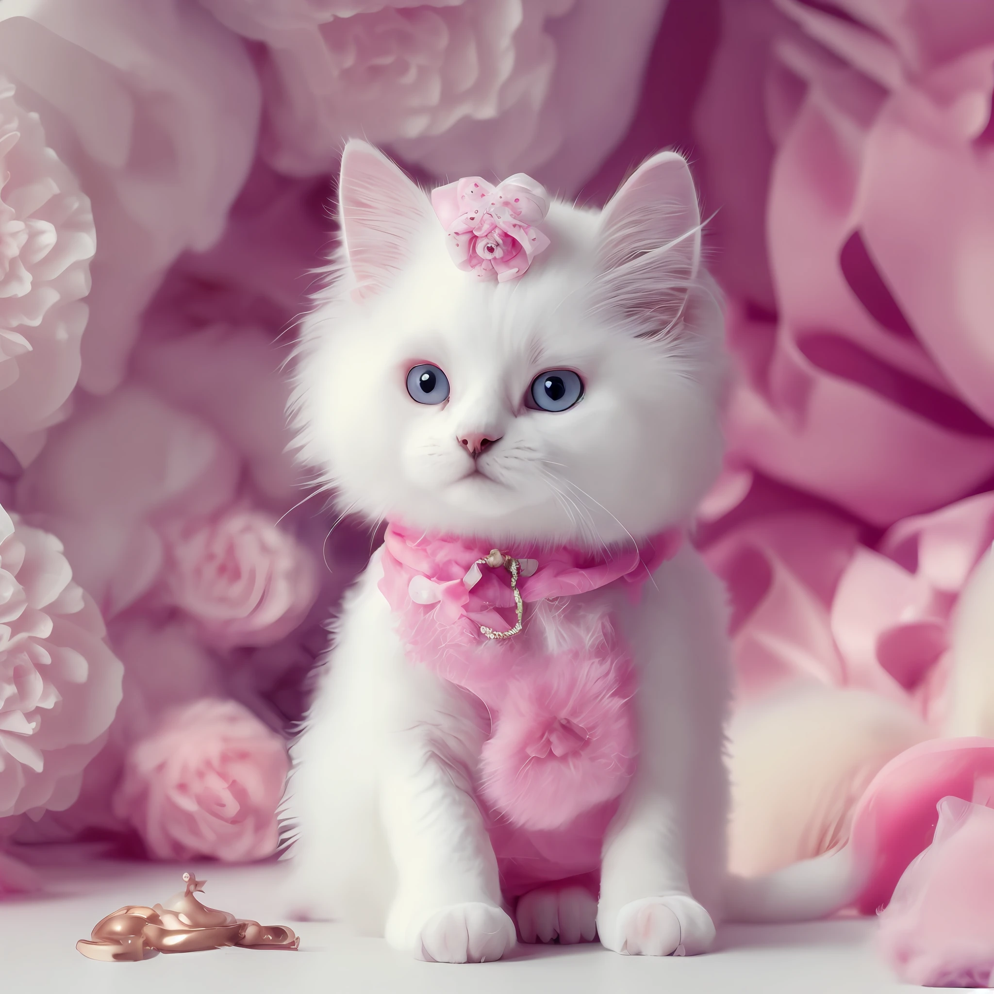 Fluffy cute white kitten dressed in pink outfits accessorized like a barbie cat. 8K masterpiece RAW