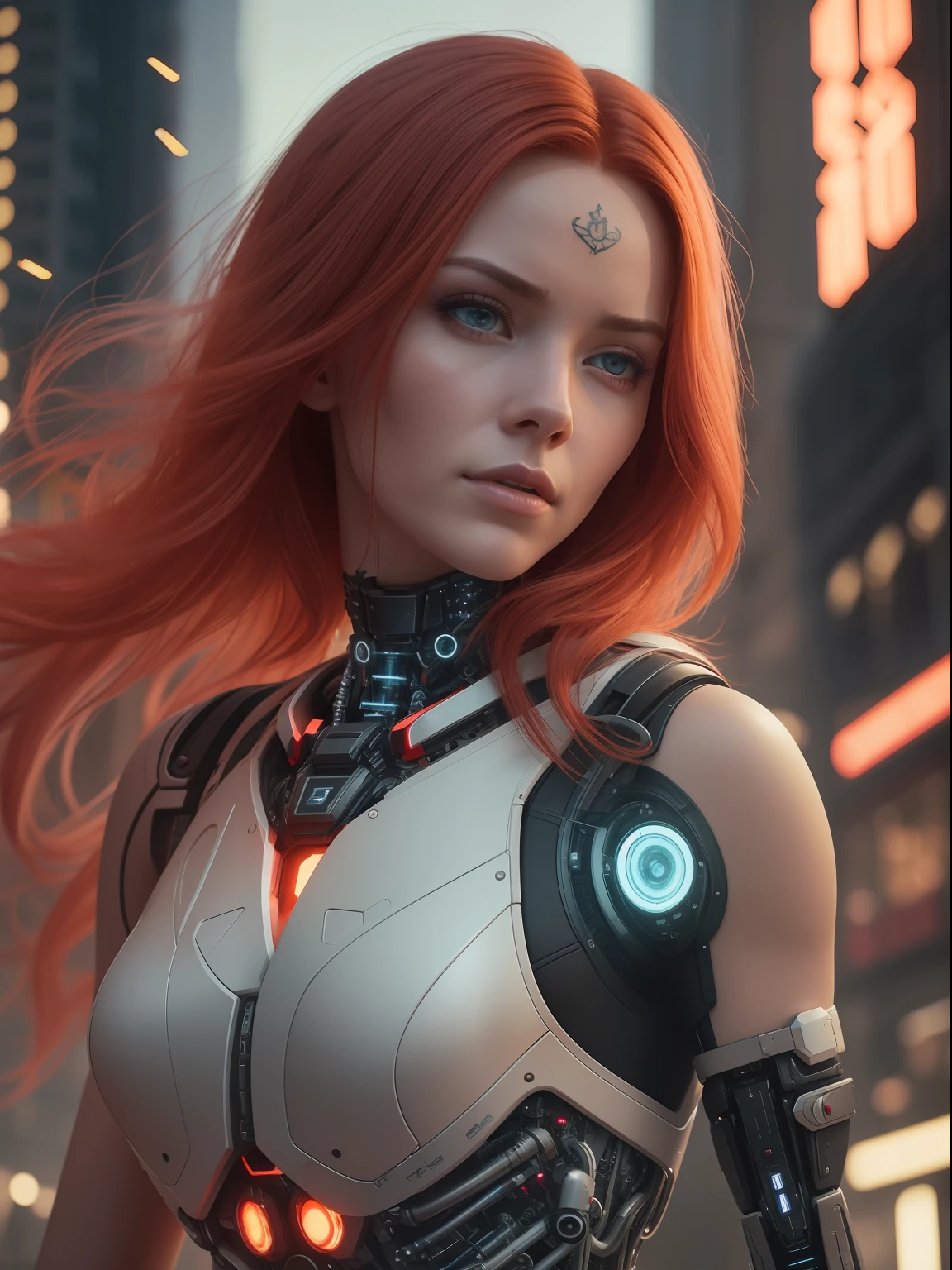 Award-winning photo from the waist up, red-haired woman showing her face, alone, from the torso up, with cybernetic enhancements with tattooing of magical symbols, in front of cyberpunk buildings, vibrant, photorealistic, hyper-realism, strong impressionist painting style, 1,618, elegant, ethereal, intricate, elaborate, hyper-realism, hyper-detailed, strong expressiveness and emotionality, cinematic lighting, visual clarity