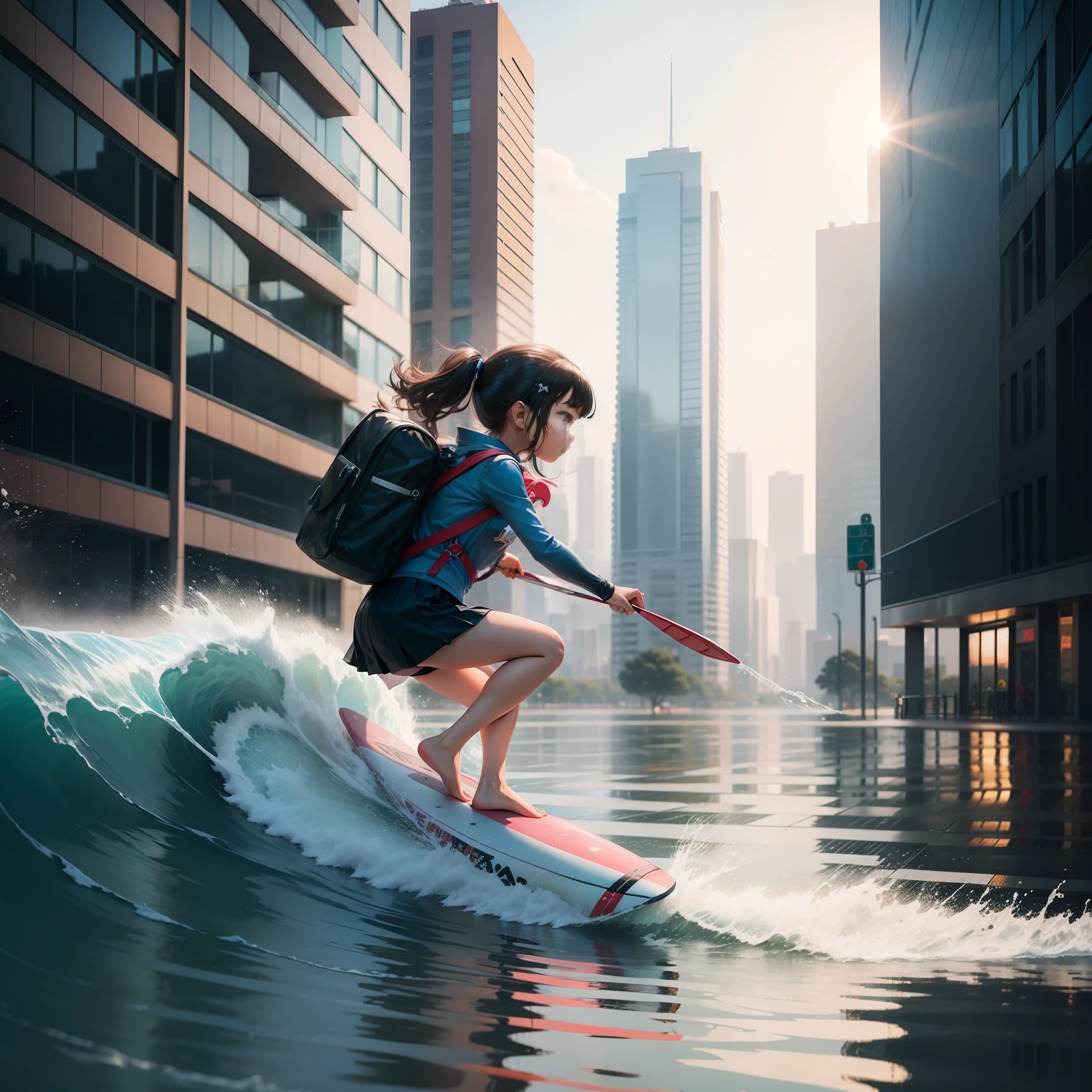 There is a lot of water on the streets,1 girl surfing with school bag,The background is the city's high-rise buildings,chibi girl,Plastic cover,Full body like,Moe new big avatar