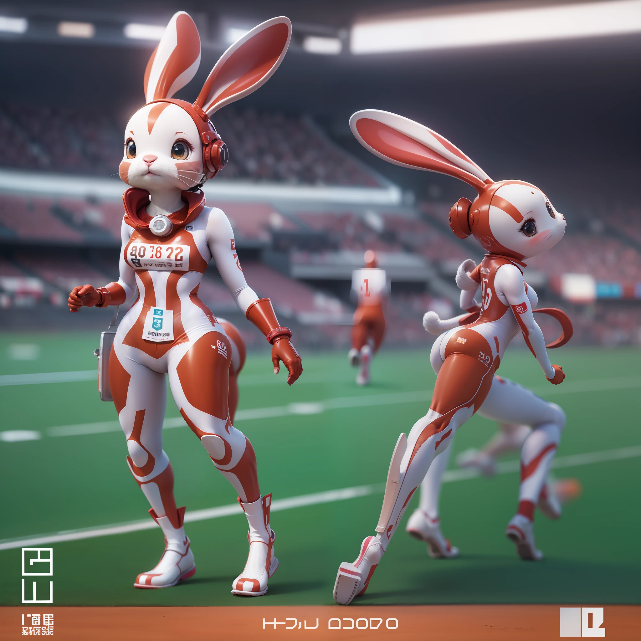 Anthropomorphic cute rabbit，Running position:1.1，Wear futuristic sci-fi skinny transparent sports armor 1.2，Close-up of cute faces，sexy1.2，On the stadium track，Red and white finish line:1.8，Cheering animal spectators can be seen in the distance，closeup cleavage，science fiction scene，Sharp focus,depth of fields，telephoto lenses，30mm，ultra - detailed，realisticlying，Ultra-high resolution，