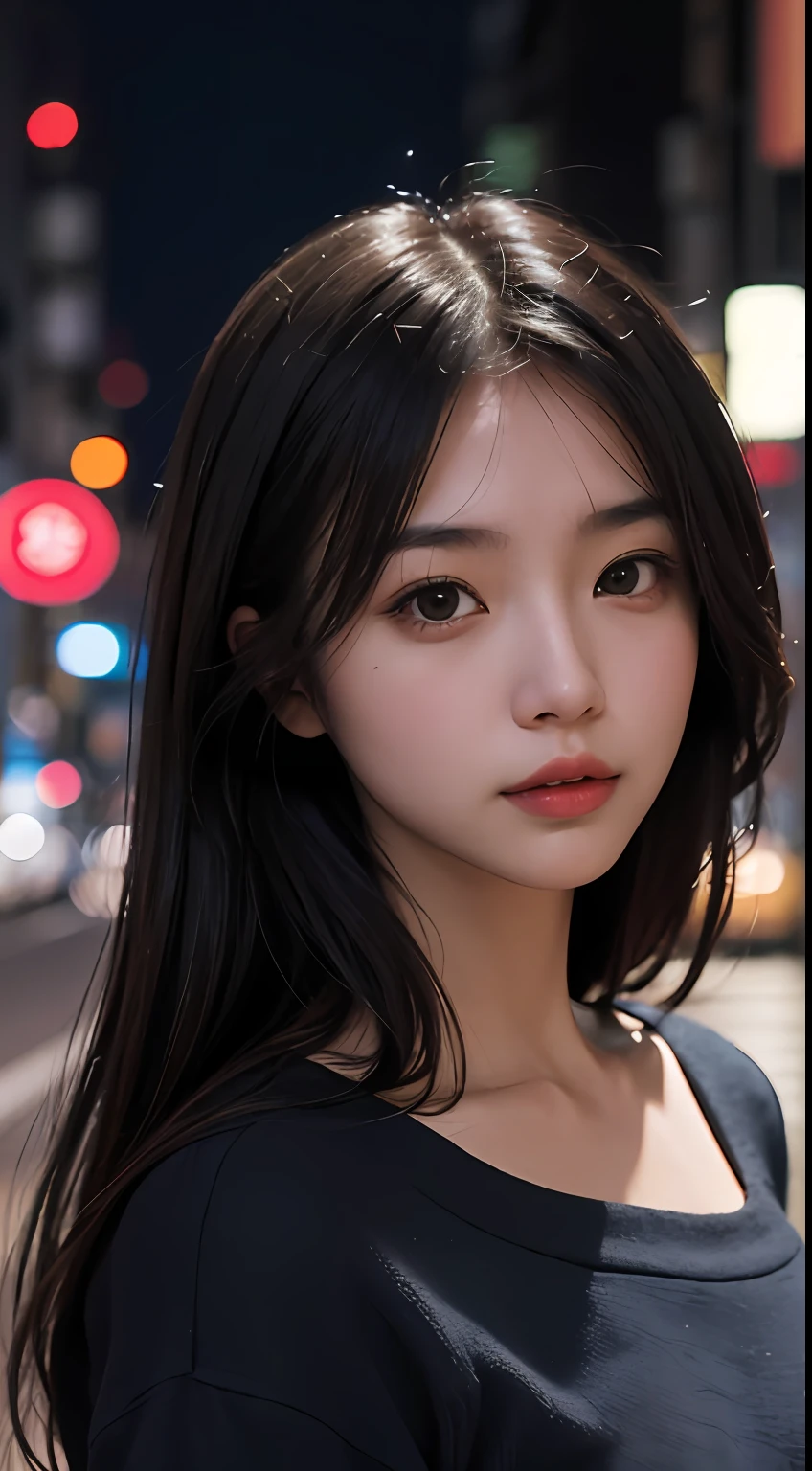 1girl, Tokyo street,night, cityscape,city lights, upper body,close-up, 8k, RAW photo, best quality, masterpiece,realistic, photo-realistic,