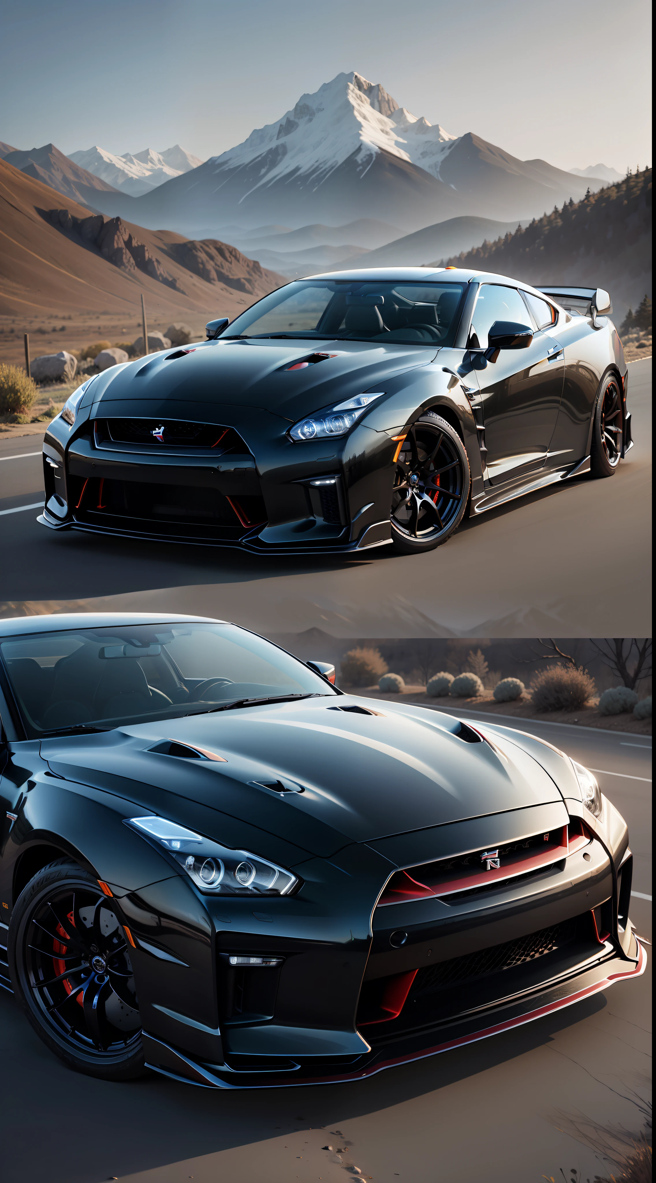 "Beautiful mountain landscape with a stunning Nissan GTR customized with a shiny body kit, intricately detailed and lifelike."