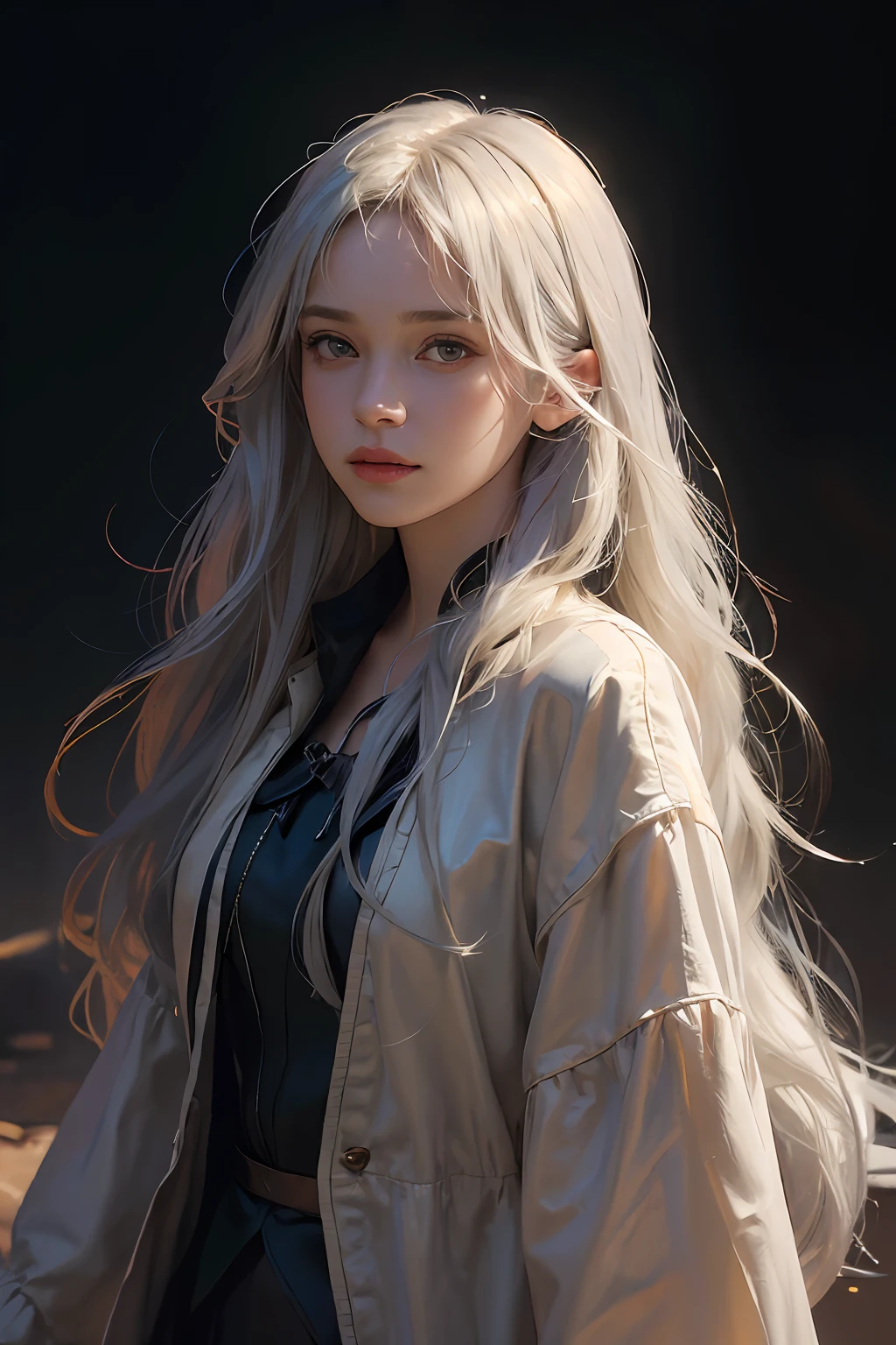 (front focus),(in the dark:1.6),
Hyperrealist portrait of female by david hockney and alphonse mucha,fantasy art, photo realistic, dynamic lighting, artstation, poster, volumetric lighting, very detailed faces, 4 k, award winning,, 1girl, in the dark, deep shadow, low key,cowboy shot,(official clothing:1.4) ,long hair,white hair,