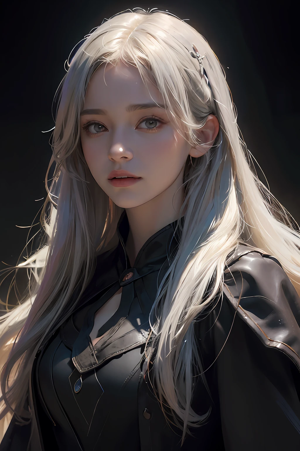 (front focus),(in the dark:1.6),
Hyperrealist portrait of female by david hockney and alphonse mucha,fantasy art, photo realistic, dynamic lighting, artstation, poster, volumetric lighting, very detailed faces, 4 k, award winning,, 1girl, in the dark, deep shadow, low key,cowboy shot,(official clothing:1.4) ,long hair,white hair,