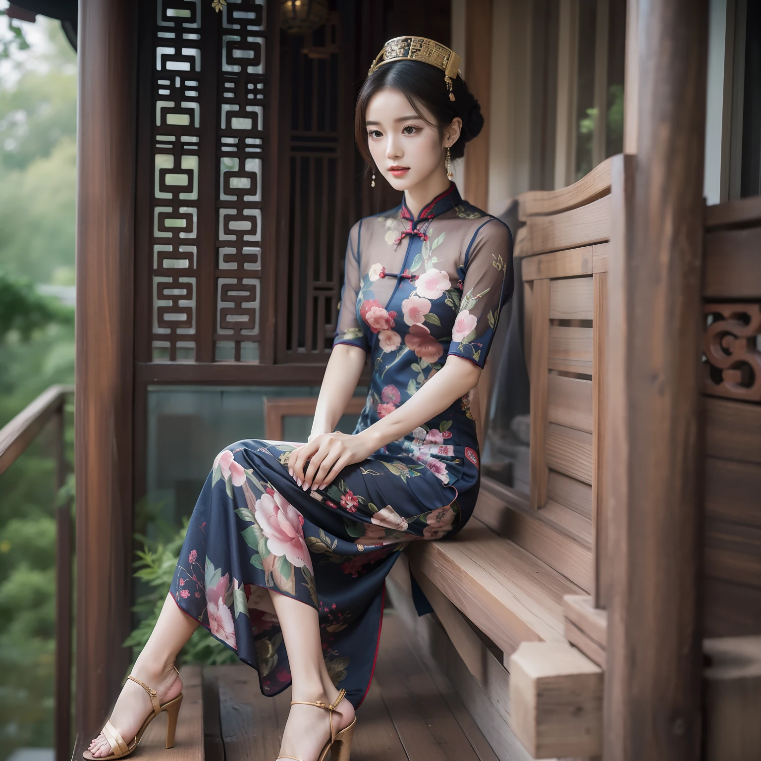 The Arakfi woman sits on a wooden porch,Slender legs,the soft light:1.3,Delicate headgear,Wear bag-toe heels,wearing cheongsam, gorgeous chinese models, full bodyesbian,cute elegant pose, a stunning young ethereal figure, photo of slim girl model, xintong chen, photo of slim girl
