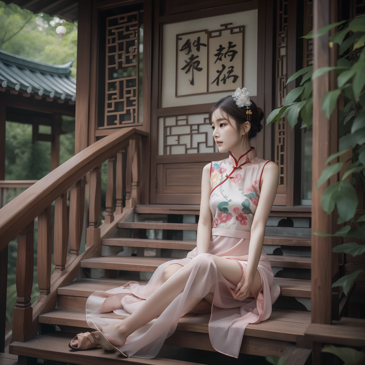 The Arakfi woman sits on a wooden porch，Slender legs，the soft light：1.3，Delicate headgear，Wear bag-toe heels，wearing  cheongsam, gorgeous chinese models, full bodyesbian，cute elegant pose, a stunning young ethereal figure, photo of slim girl model, xintong chen, photo of slim girl