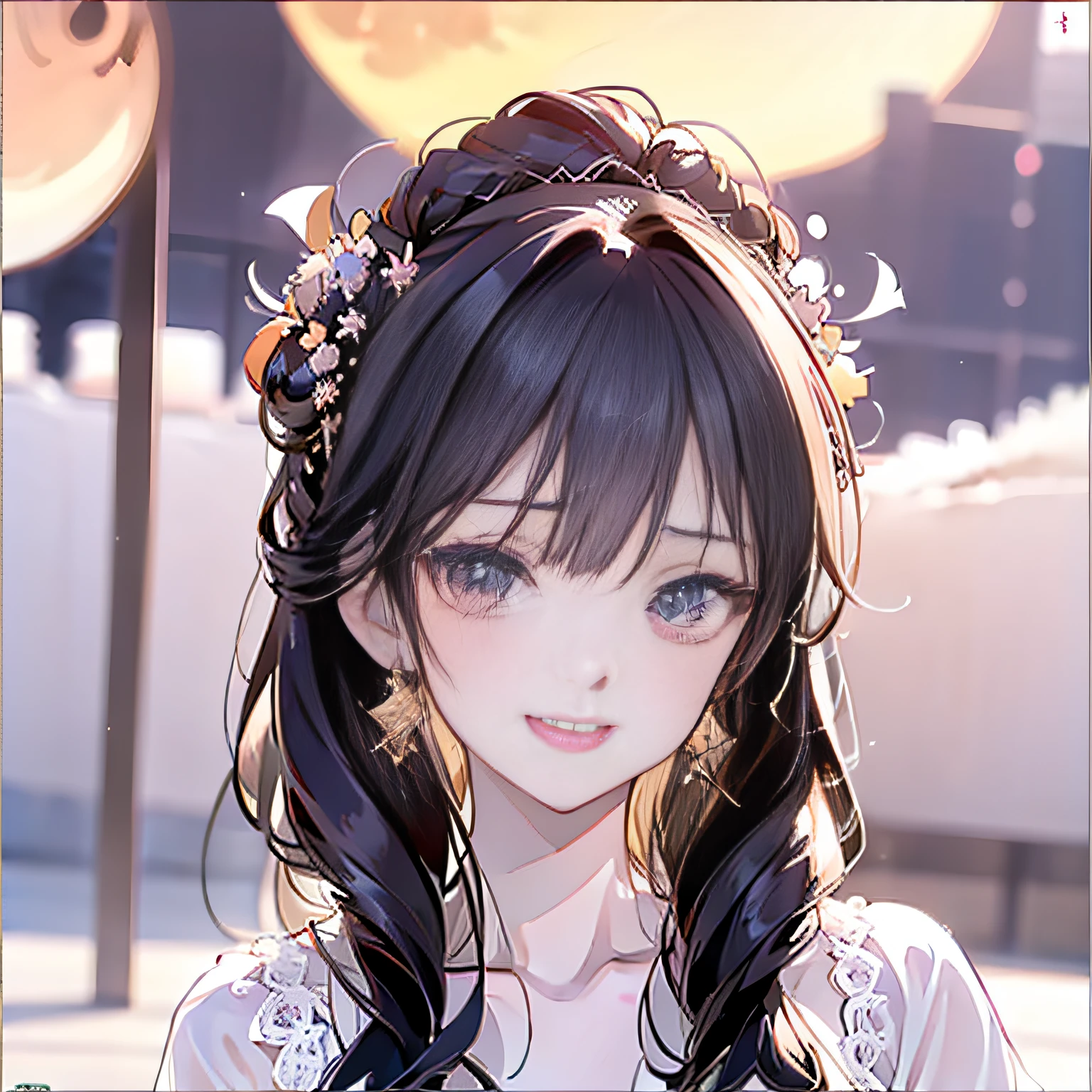 black hair, hair bobbles, wince, longeyelashes, solid circle eyes, fake animal ears, light smile, ear blush, fang, Surrealism, drop shadow, anaglyph, stereogram, tachi-e, pov, atmospheric perspective, 8k, super detail, ccurate, best quality