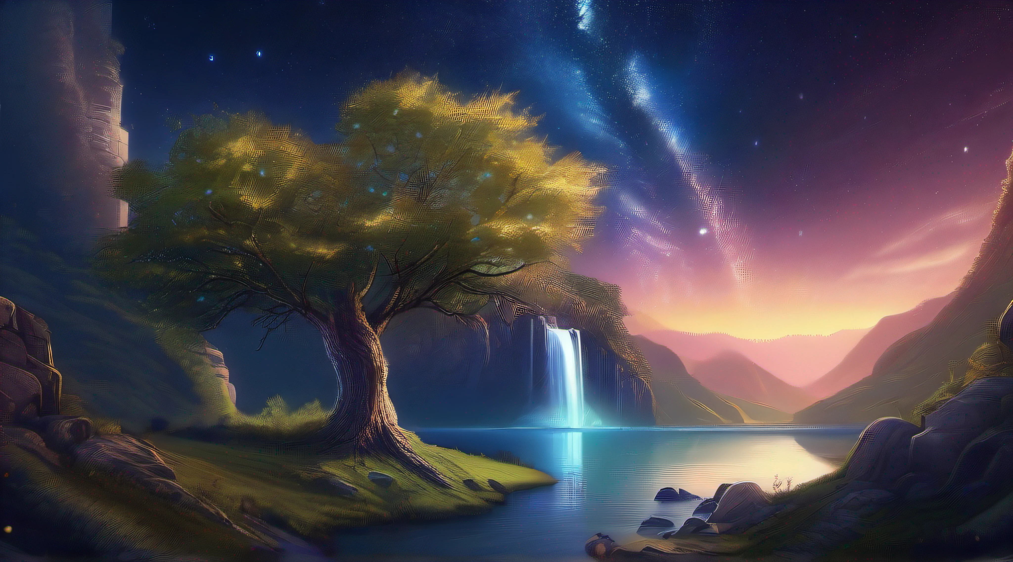 Starry night view with a tree and waterfall, background artwork, Beautiful art UHD 4 K, 4 k hd wallpaper illustration, arte de fundo, 4k highly detailed digital art, amazing wallpapers, view of the cosmos, 4 k hd illustrative wallpaper, 4K detailed digital art, galactic landscape, Magical background, jen bartel, astral background, dream landscape