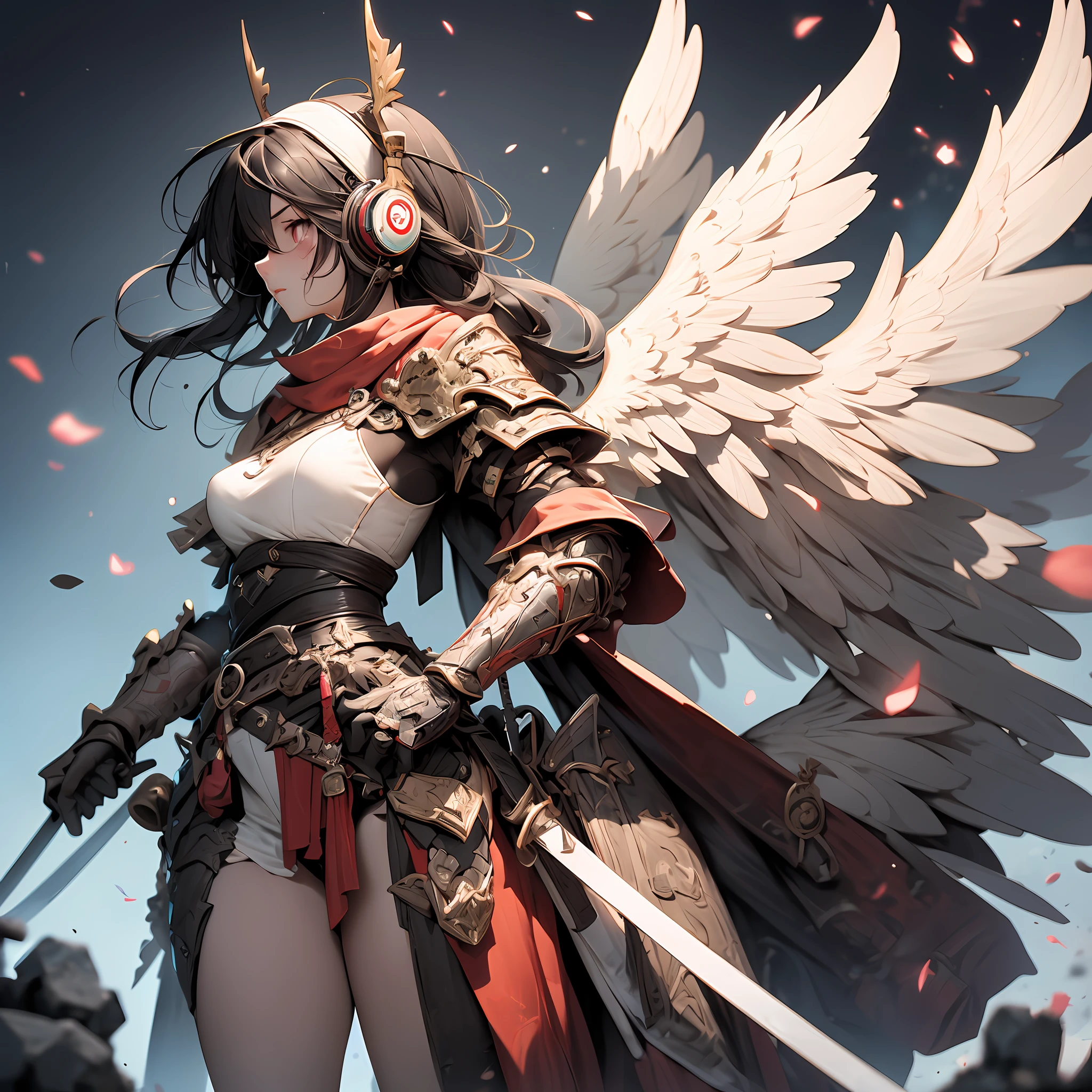 ((holy Angel)),Create an AI illustration of a young girl with black short hair, shiny hair, colored inner hair, floating hair, red eyes, (eyepatch), and headphones. She resembles a samurai, (She wears Japanese armor), She wears armor while pairing it with a miniskirt, showcasing her unique style. Please generate the illustration in the highest quality possible. oblique view view, facial profile, hyper detailed, intricate detailed, Wide shot of ruins, in a photorealistic 4DCG style.