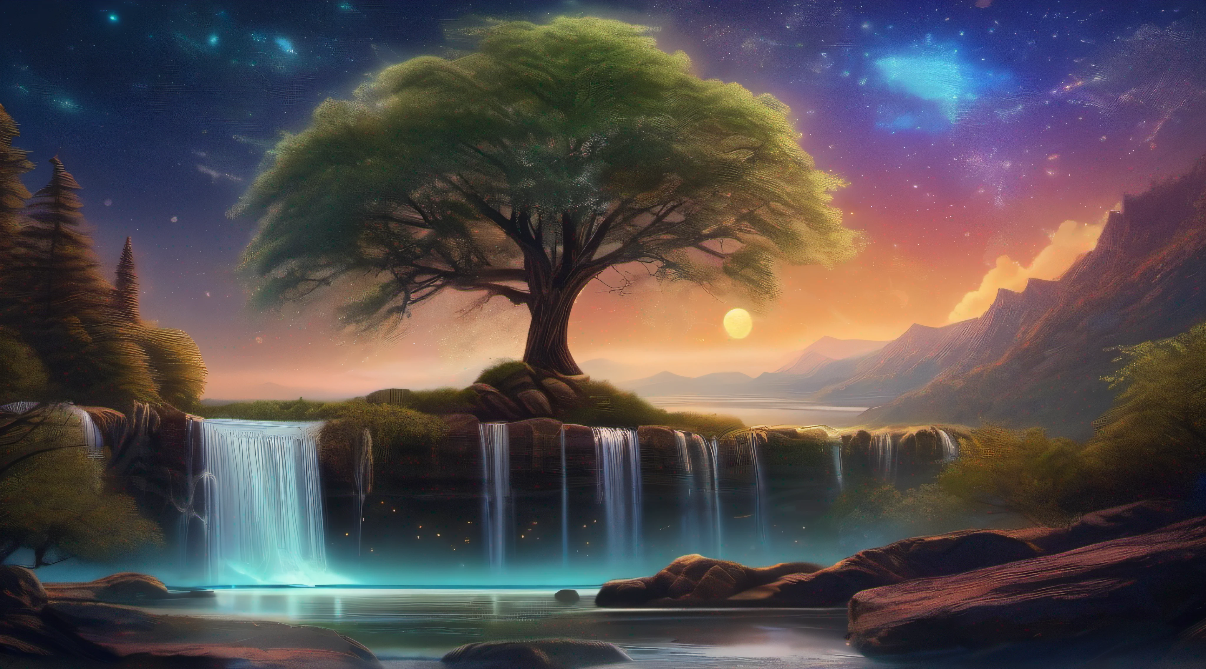 Starry night view with a tree and waterfall, background artwork, Beautiful art UHD 4 K, 4 k hd wallpaper illustration, arte de fundo, 4k highly detailed digital art, amazing wallpapers, view of the cosmos, 4 k hd illustrative wallpaper, 4K detailed digital art, galactic landscape, Magical background, jen bartel, astral background, dream landscape