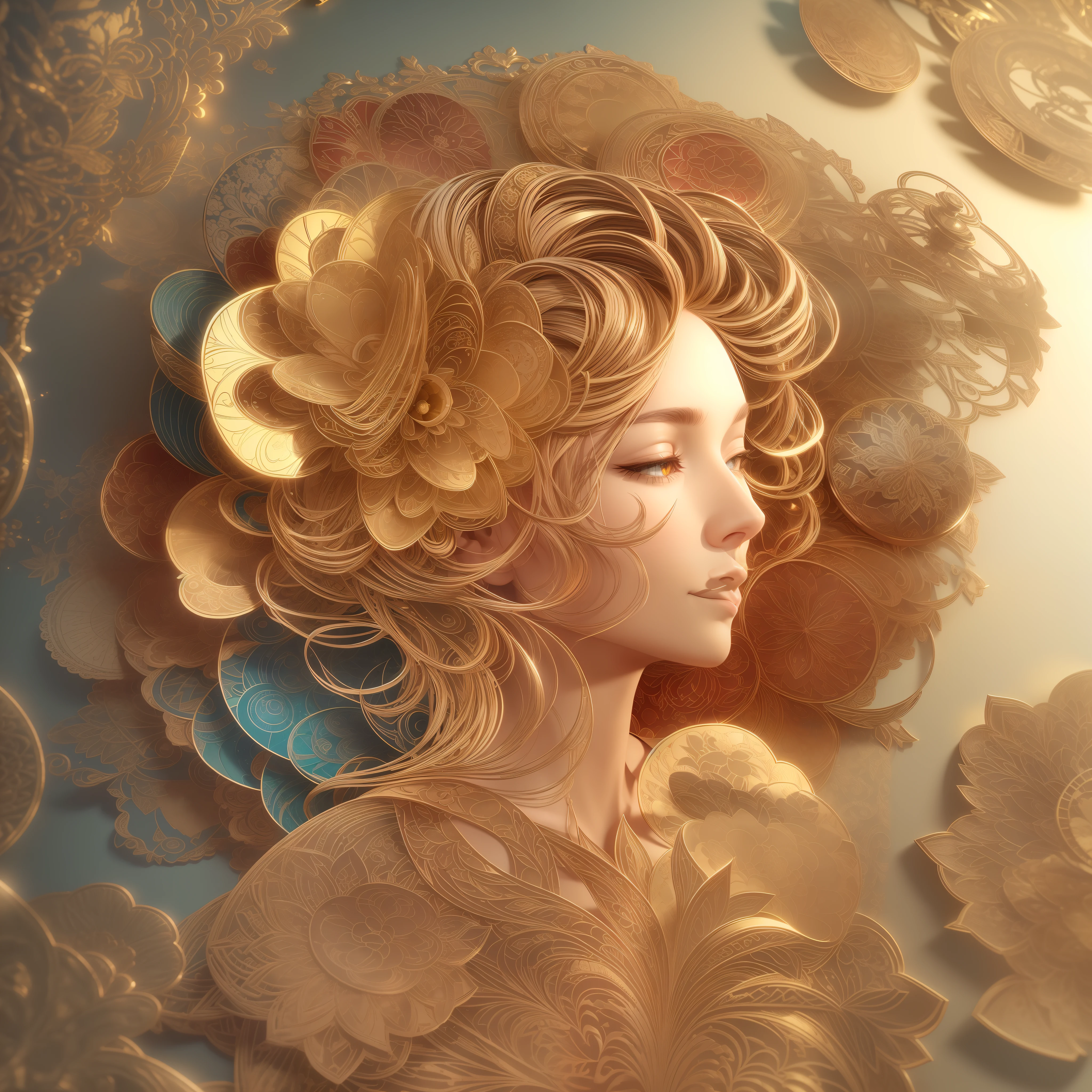 (Gold engraving:1.5)Full of pictures(Hologram:1.5),(Silhouette of a beautiful woman,Colorful camellias),Gold base,(paper art, Quilted paper art:1.2, geomerty:1.1, zentangle,a 3D render), (Extremely colorful, Best quality, high detal, Masterpiece, Cinematic lighting, 4K)