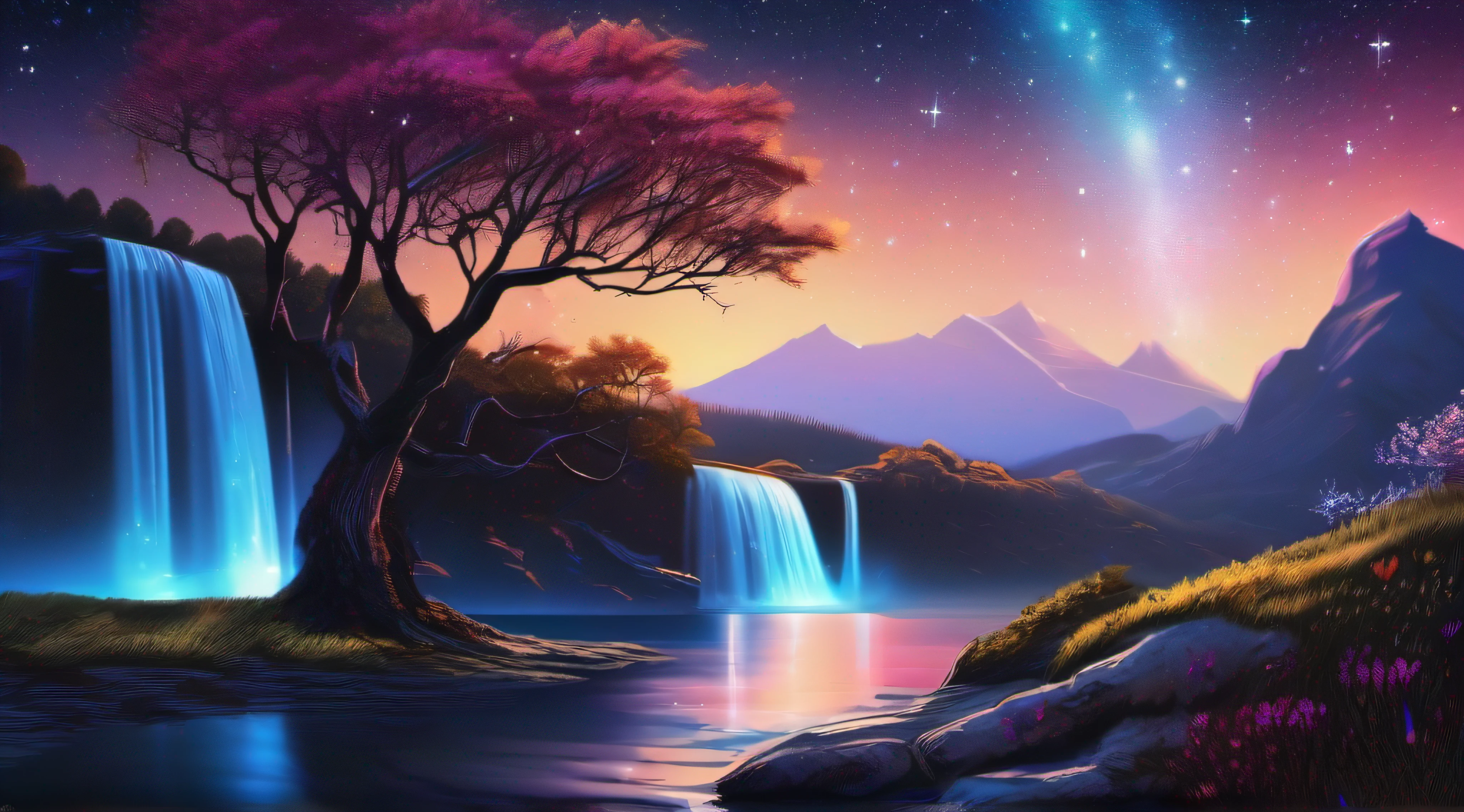 Starry night view with a tree and waterfall, background artwork, Beautiful art UHD 4 K, 4 k hd wallpaper illustration, arte de fundo, 4k highly detailed digital art, amazing wallpapers, view of the cosmos, 4 k hd illustrative wallpaper, 4K detailed digital art, galactic landscape, Magical background, jen bartel, astral background, dream landscape