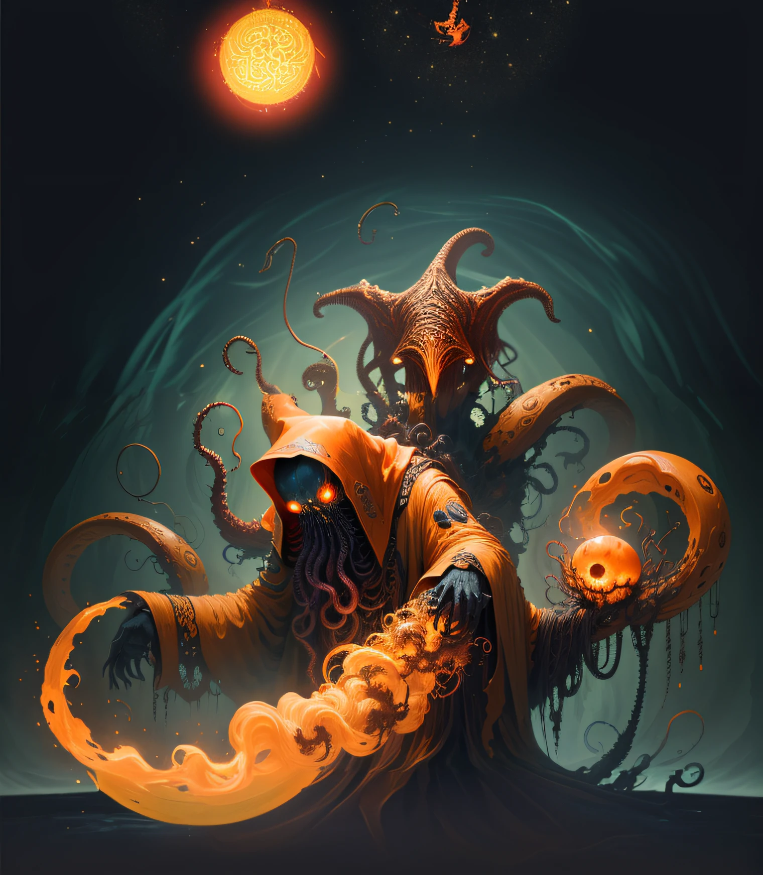 There is a man in a hooded jacket holding a pumpkin, Mind Flayer, Yellow King Hastur, occult, Iritized Mind Flare, Hastur, Mind Flayer, God of Eldritch, Psychic Mind Flare, Cultists in yellow robes, Portrait of a Mind Flare, Cthulhu Photos