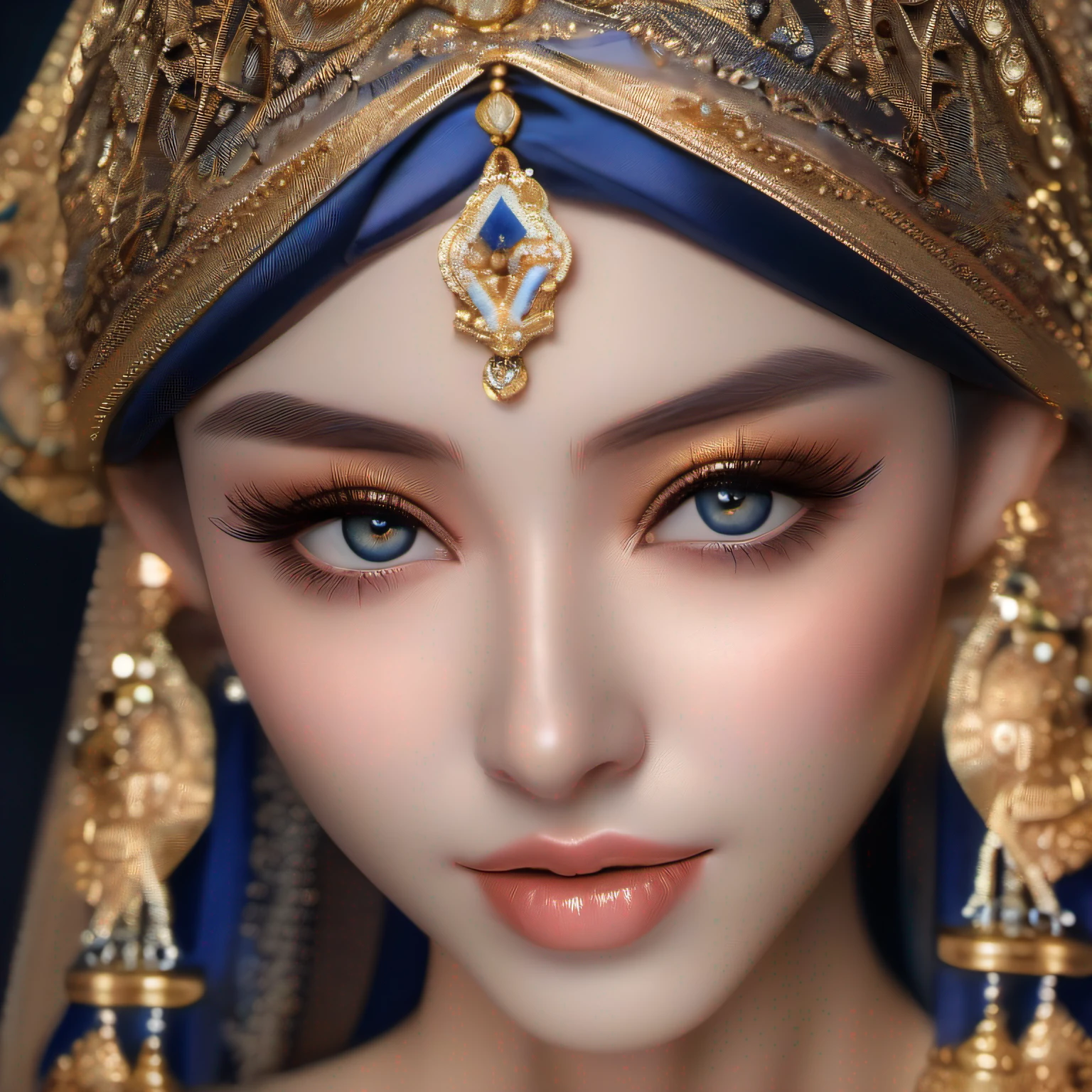 (Beautiful and indulgent:1.2)、(8K、RAW、proffesional、top-quality、​masterpiece:1.2)、(realisitic、Photorealsitic:1.37)、The ultra-detailliert、(Highest Detail Skin:1.2)、(Highest Detail Face:1.2)、cinematlic lighting、Costume with gold base fabric and dark blue embroidery、Dancers of the Arabian Nights、a closeup、(big eye)、Looks fun、ssmile