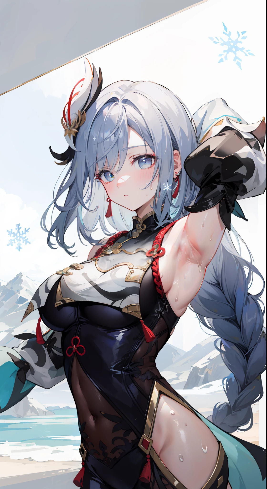 shenhedef, upper body, seductive look, blush, outdoors, snowflake scenery, looking at viewer, mountain, moody lighting, (perfect detail eyes:1.2), glowing eyes, (long hair one braid:1.2), (sweaty:1.4), armpit, exposing armpit, armpit pose, (Masterpiece, Best Quality, High Quality:1.4), professional artwork, Intricate Details, field of view, sharp focus, detailed painting, photorealistic lighting, trending on pixiv, (vivid lighting, vibrant colors:1.05), realistic shadows, ambient occlusion
