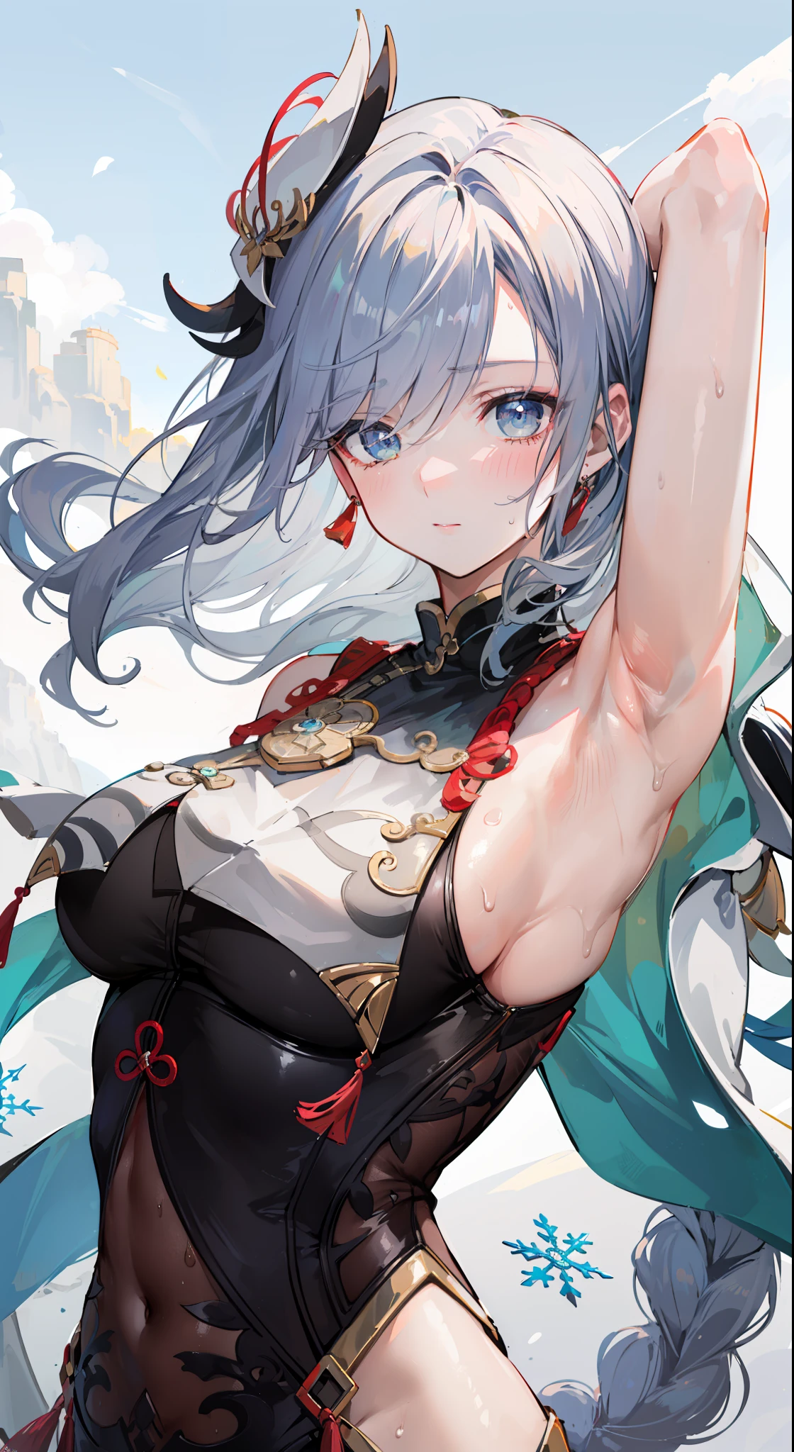shenhedef, upper body, seductive look, blush, outdoors, snowflake scenery, looking at viewer, mountain, moody lighting, (perfect detail eyes:1.2), glowing eyes, (long hair one braid:1.2), (sweaty:1.4), armpit, exposing armpit, armpit pose, (Masterpiece, Best Quality, High Quality:1.4), professional artwork, Intricate Details, field of view, sharp focus, detailed painting, photorealistic lighting, trending on pixiv, (vivid lighting, vibrant colors:1.05), realistic shadows, ambient occlusion