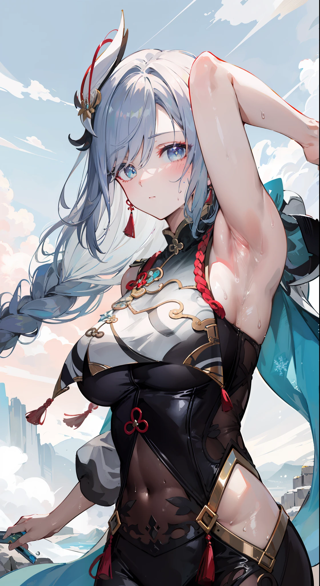 shenhedef, upper body, seductive look, blush, outdoors, snowflake scenery, looking at viewer, mountain, moody lighting, (perfect detail eyes:1.2), glowing eyes, (long hair one braid:1.2), (sweaty:1.4), armpit, exposing armpit, armpit pose, (Masterpiece, Best Quality, High Quality:1.4), professional artwork, Intricate Details, field of view, sharp focus, detailed painting, photorealistic lighting, trending on pixiv, (vivid lighting, vibrant colors:1.05), realistic shadows, ambient occlusion