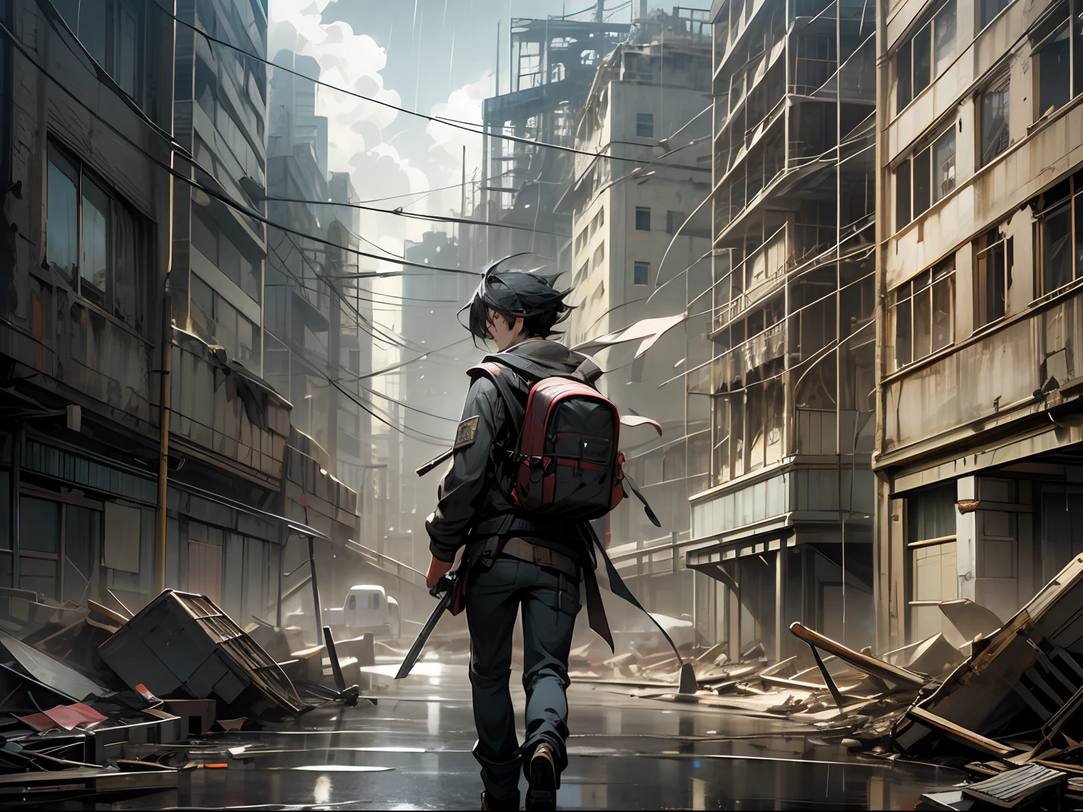 k hd、Best image quality、Super detailed CG illustration,The ruined city of the apocalypse、Rain sky、Handsome boy in black、carrying backpack