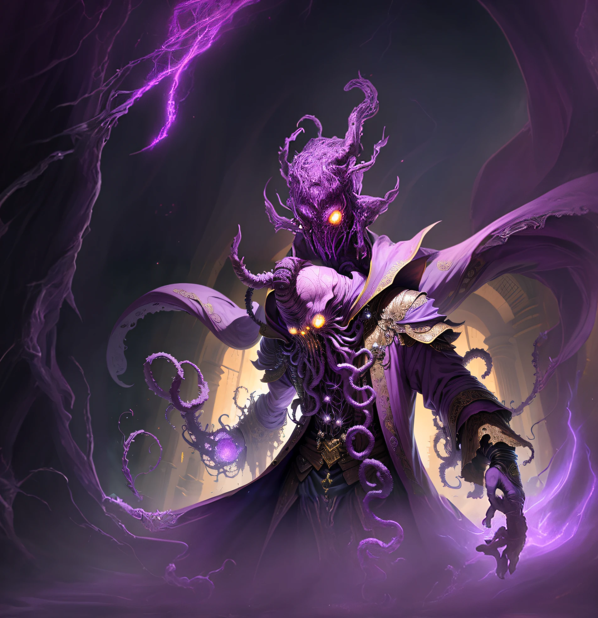 Purple demon with purple robe with glowing eyes and sword, Ilithid, Iritized Mind Flare, Mind Flayer, God of Eldritch, Eldritch Being, Portrait of a Mind Flare, Mind Flayer, Psychic Mind Flare, Eldritch, Ilithid, Azathoth, Eldritch Abomination