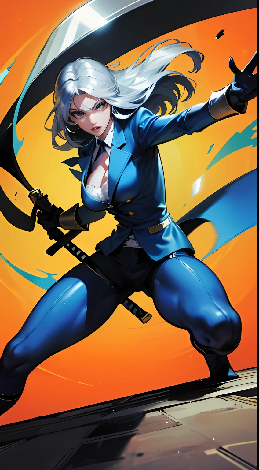 [(Comic Book Cover), (Big, Thick typography)], (Rough illustration), [The screen composition is comic-style, the entire screen is printed, Paper Textured Screen, Ink Textures], [(1960s-style cartoon heroine), (Blue and yellow and black tight fit suit), (Katana and)], (The silver sword blade sparkles), [dynamicposes, (leaping from a building、Slash the entire screen with a sword!!!!!)], [City background with big moon and buildings], Thick contour lines, Gradients are represented by dot screens, Shadows are represented by a large dot screen, Red×Blue× Yellow×Black, ((Perfect Anatomy))