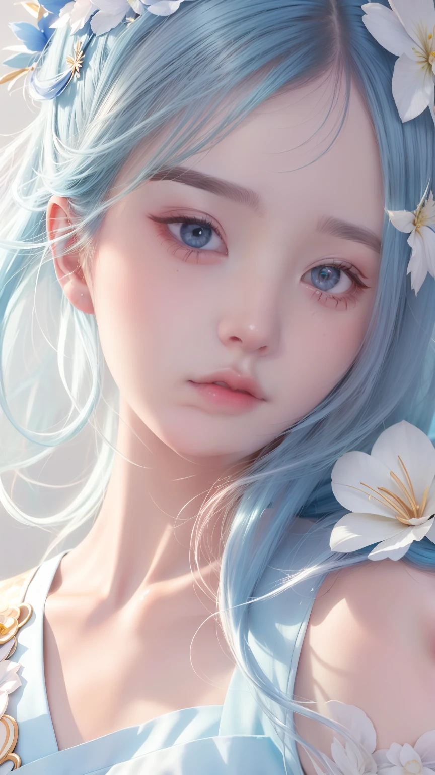Close up of a girl with blue hair and flowers in her hair, Beautiful anime girl, Beautiful anime face, a beautiful anime portrait, Stunning anime face portrait, Beautiful anime woman, pretty anime girl, Beautiful anime, Beautiful anime style, Cute natural anime face, Realistic young anime girl, detailed portrait of an anime girl, cute delicate face, pretty anime face, Girl with white hair,,16k,Delicate and shiny face,ultraclear